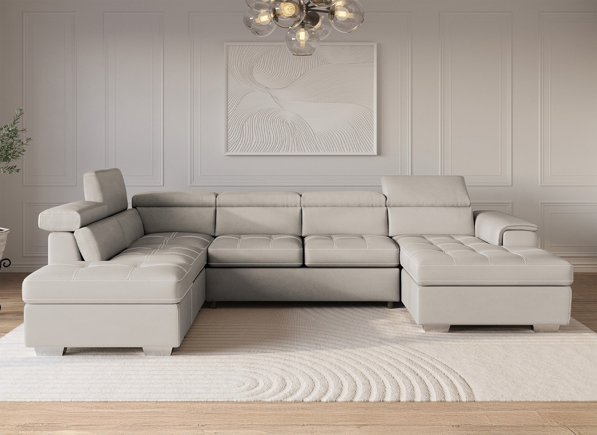 Sofá cama y panorámico OLIVER con compartimento de almacenamiento en tela beige - Esquina derecha