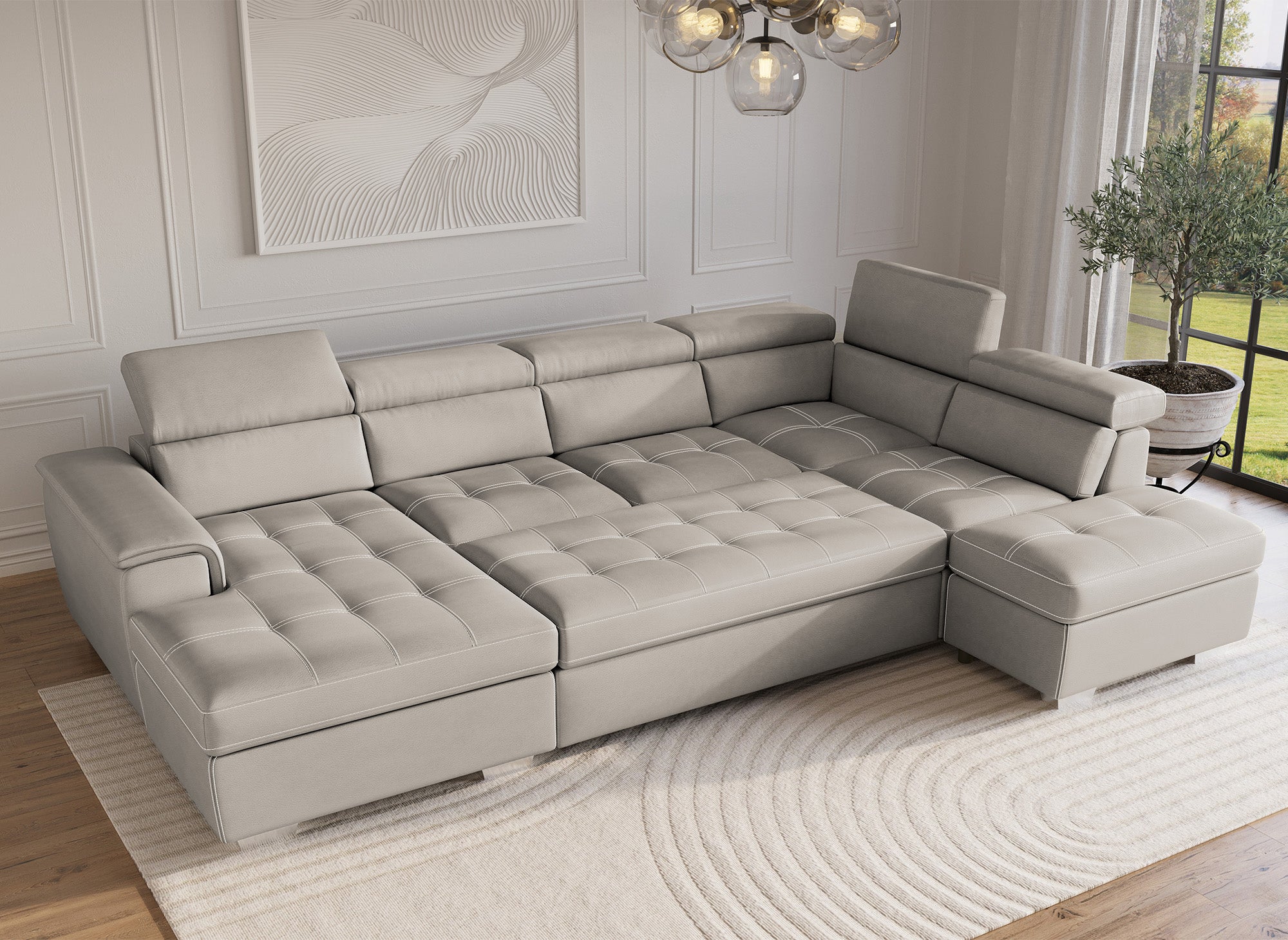 Sofá convertible y panorámico OLIVER con compartimento de almacenamiento en tela beige - Esquina izquierda