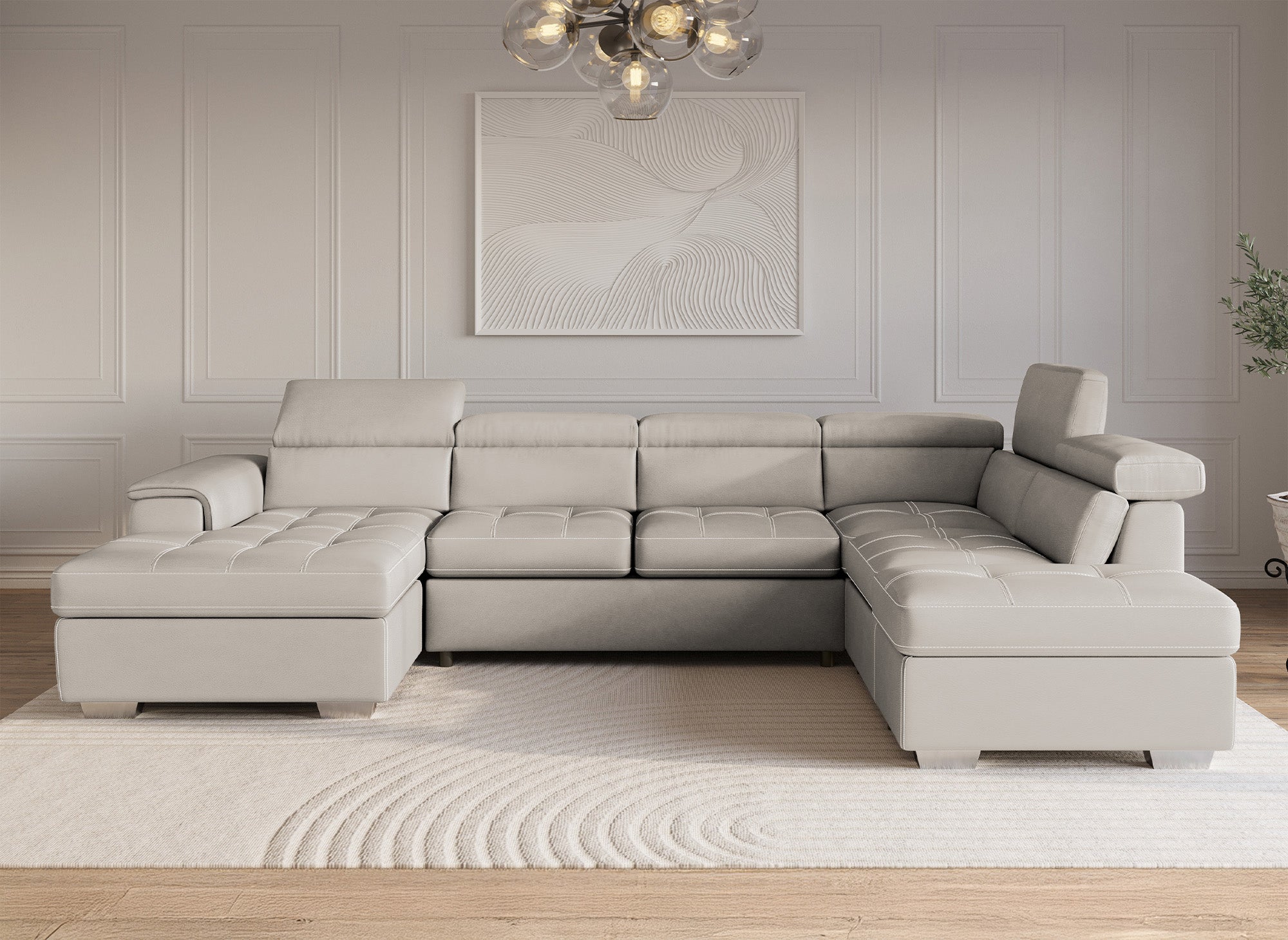 Sofá convertible y panorámico OLIVER con compartimento de almacenamiento en tela beige - Esquina izquierda