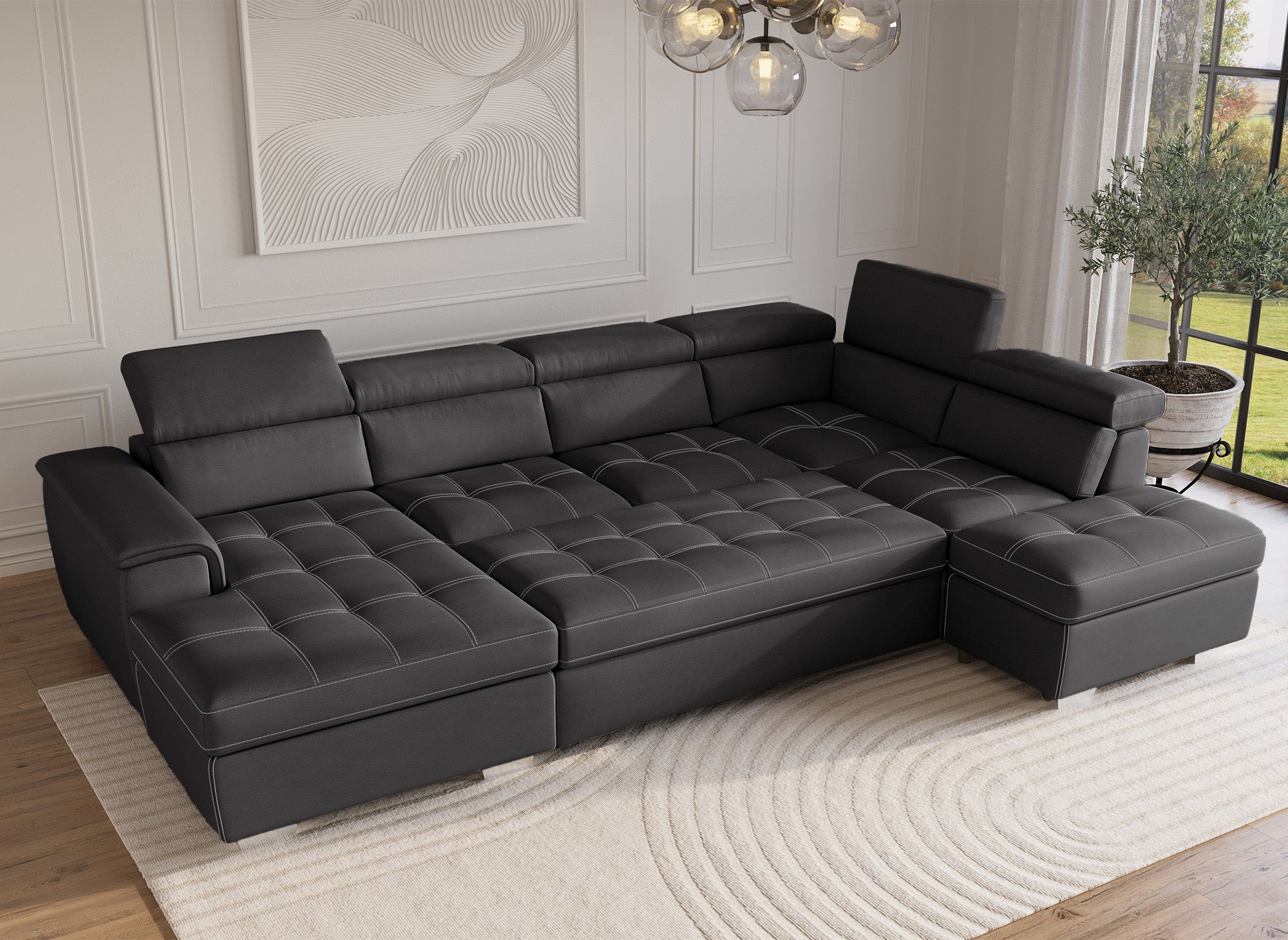 Sofá convertible y panorámico OLIVER con compartimento de almacenamiento en tela gris - Esquina izquierda