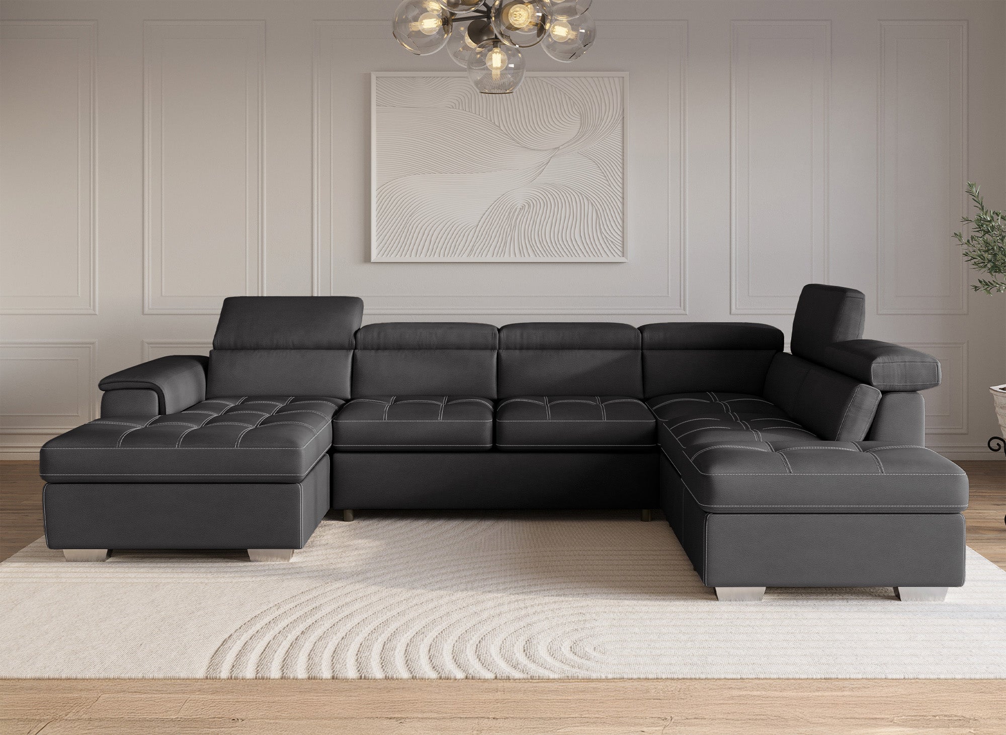 Sofá convertible y panorámico OLIVER con compartimento de almacenamiento en tela gris - Esquina izquierda