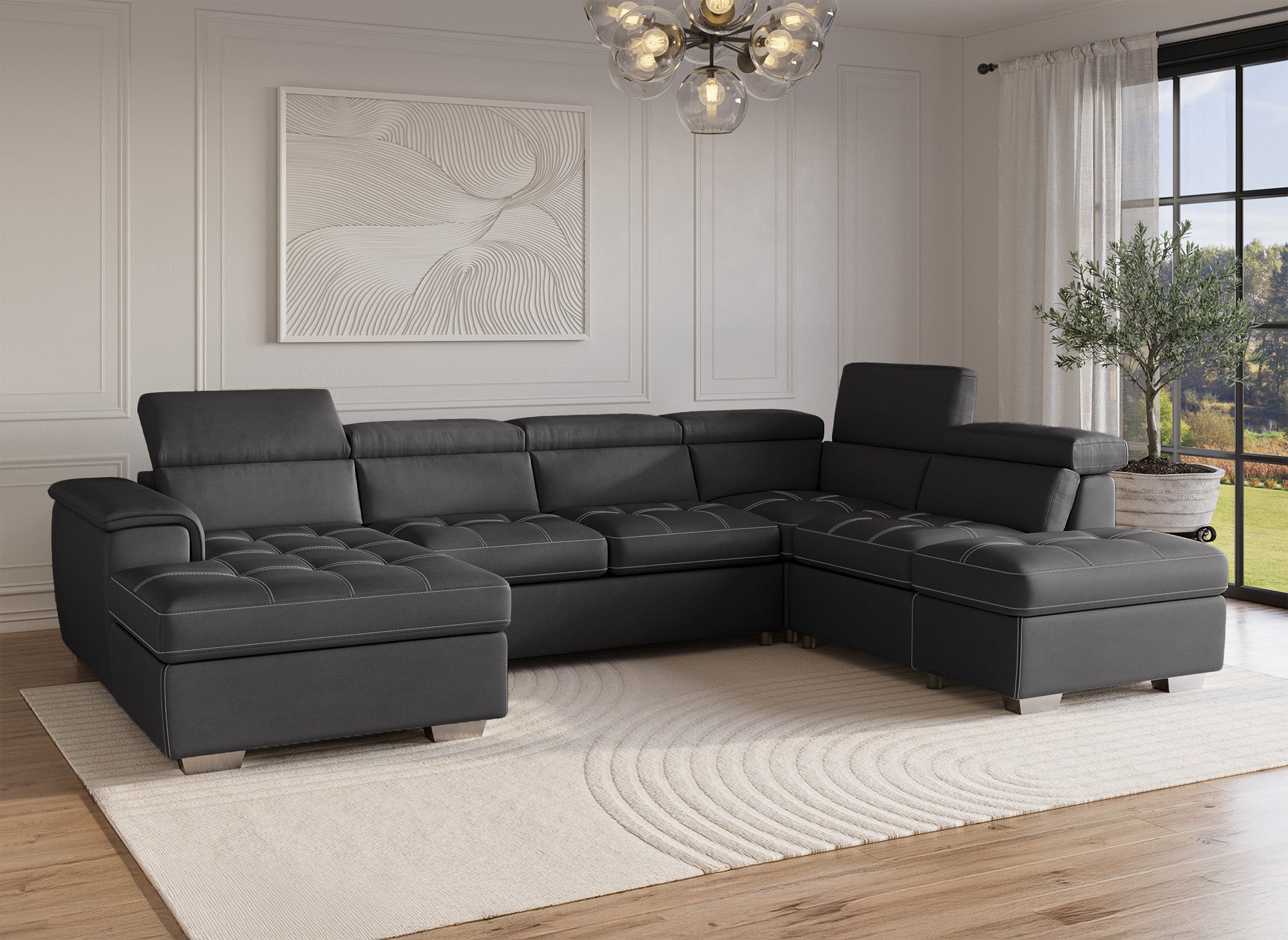 Sofá convertible y panorámico OLIVER con compartimento de almacenamiento en tela gris - Esquina izquierda