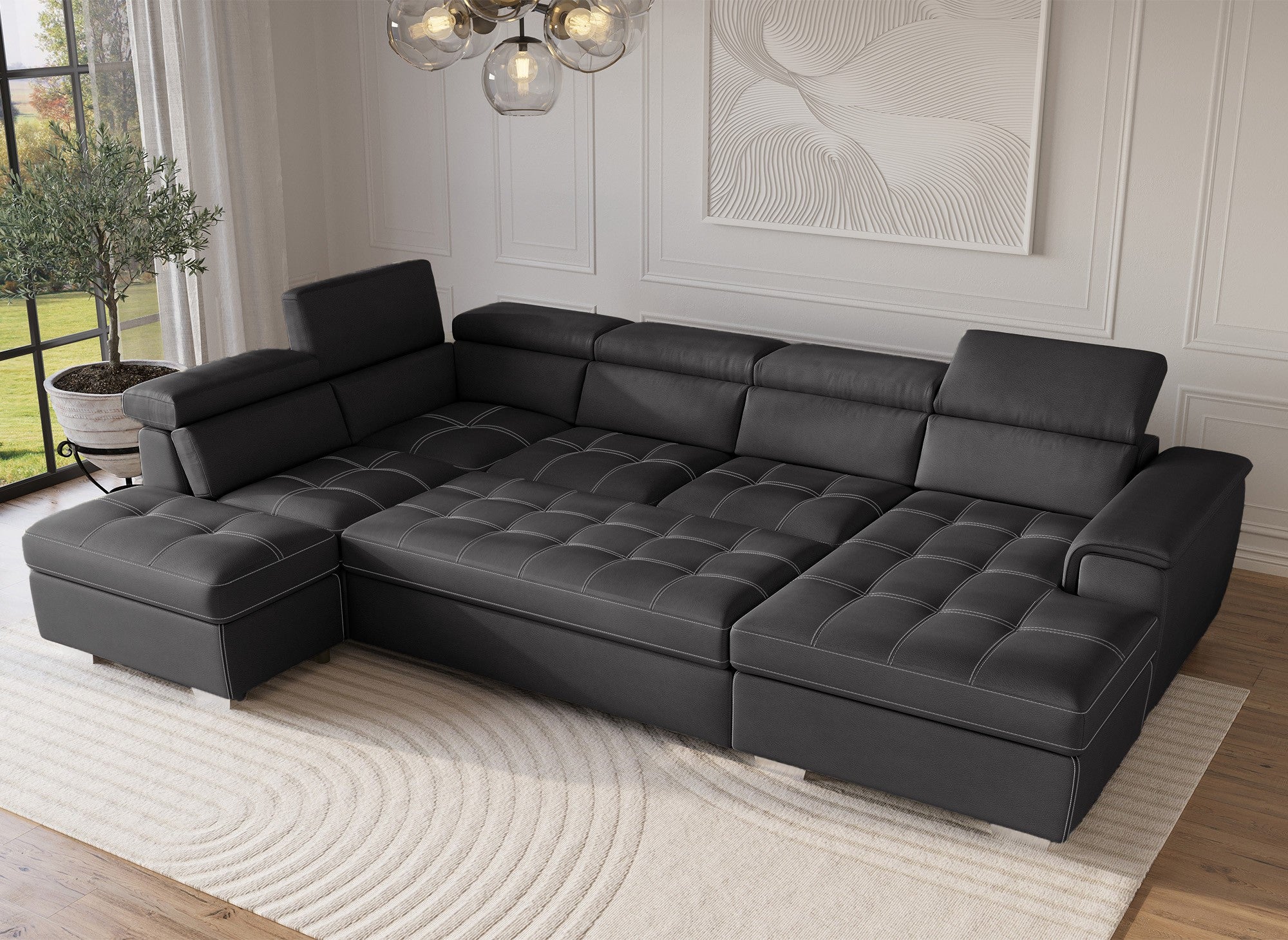 Sofá convertible y panorámico OLIVER con compartimento de almacenamiento en tela gris - Esquina derecha