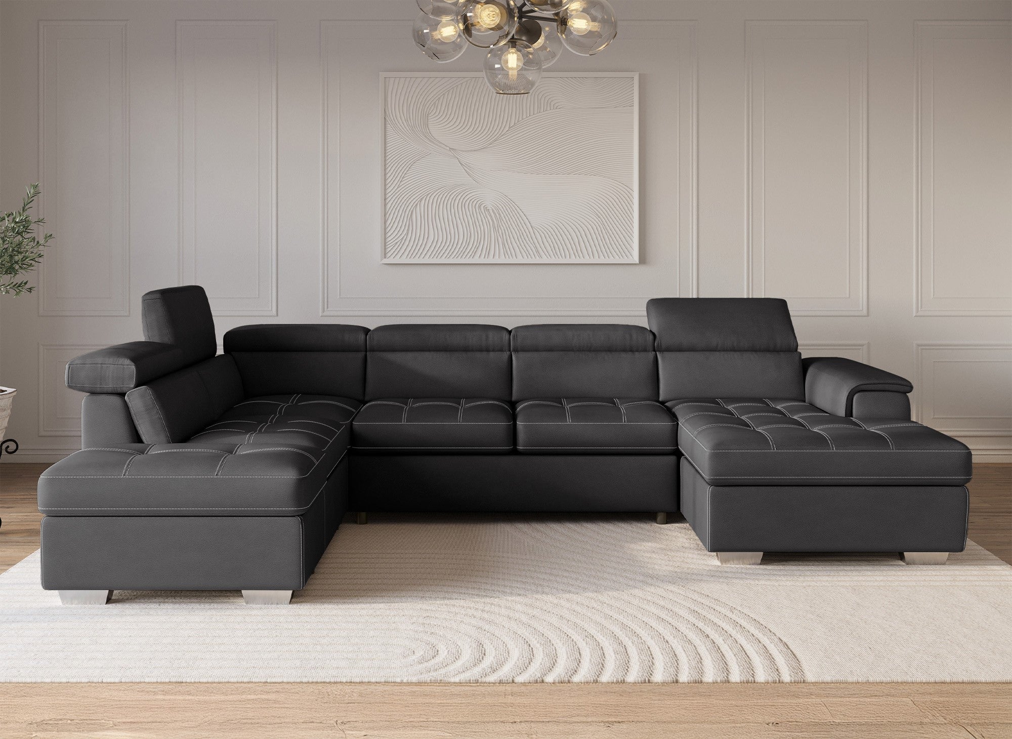 Sofá convertible y panorámico OLIVER con compartimento de almacenamiento en tela gris - Esquina derecha