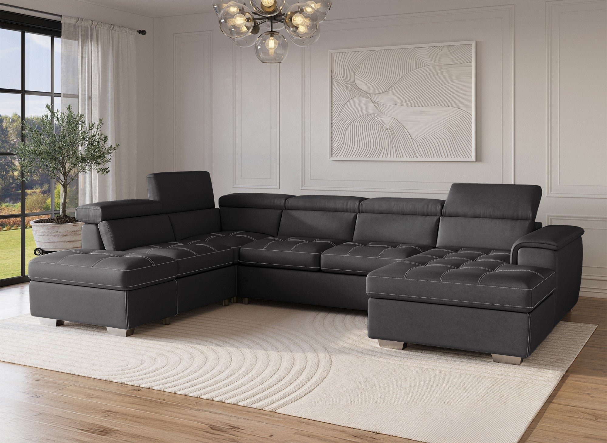 Sofá convertible y panorámico OLIVER con compartimento de almacenamiento en tela gris - Esquina derecha