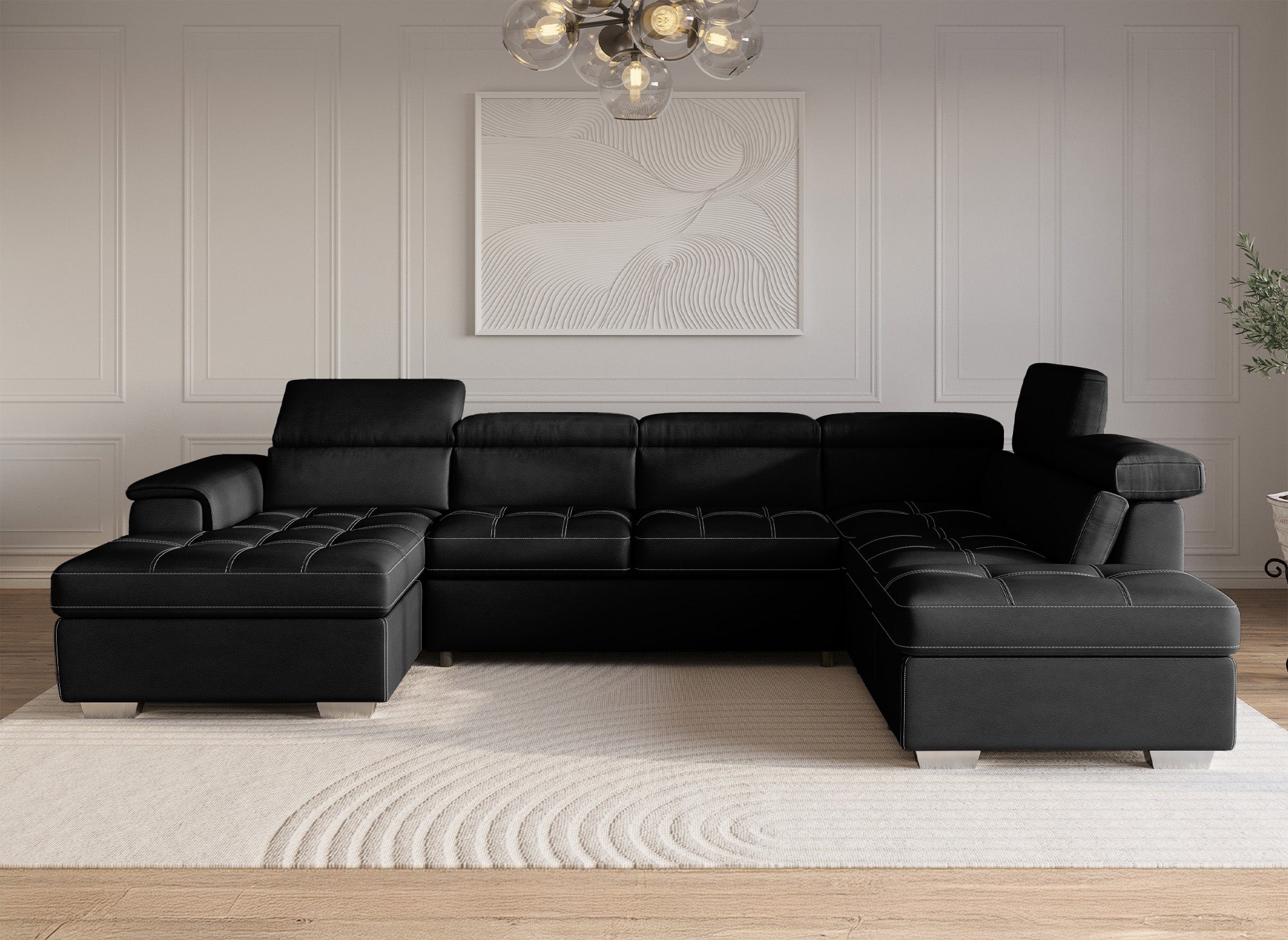 Sofá convertible y panorámico OLIVER con compartimento de almacenamiento en tela negra - Esquina izquierda