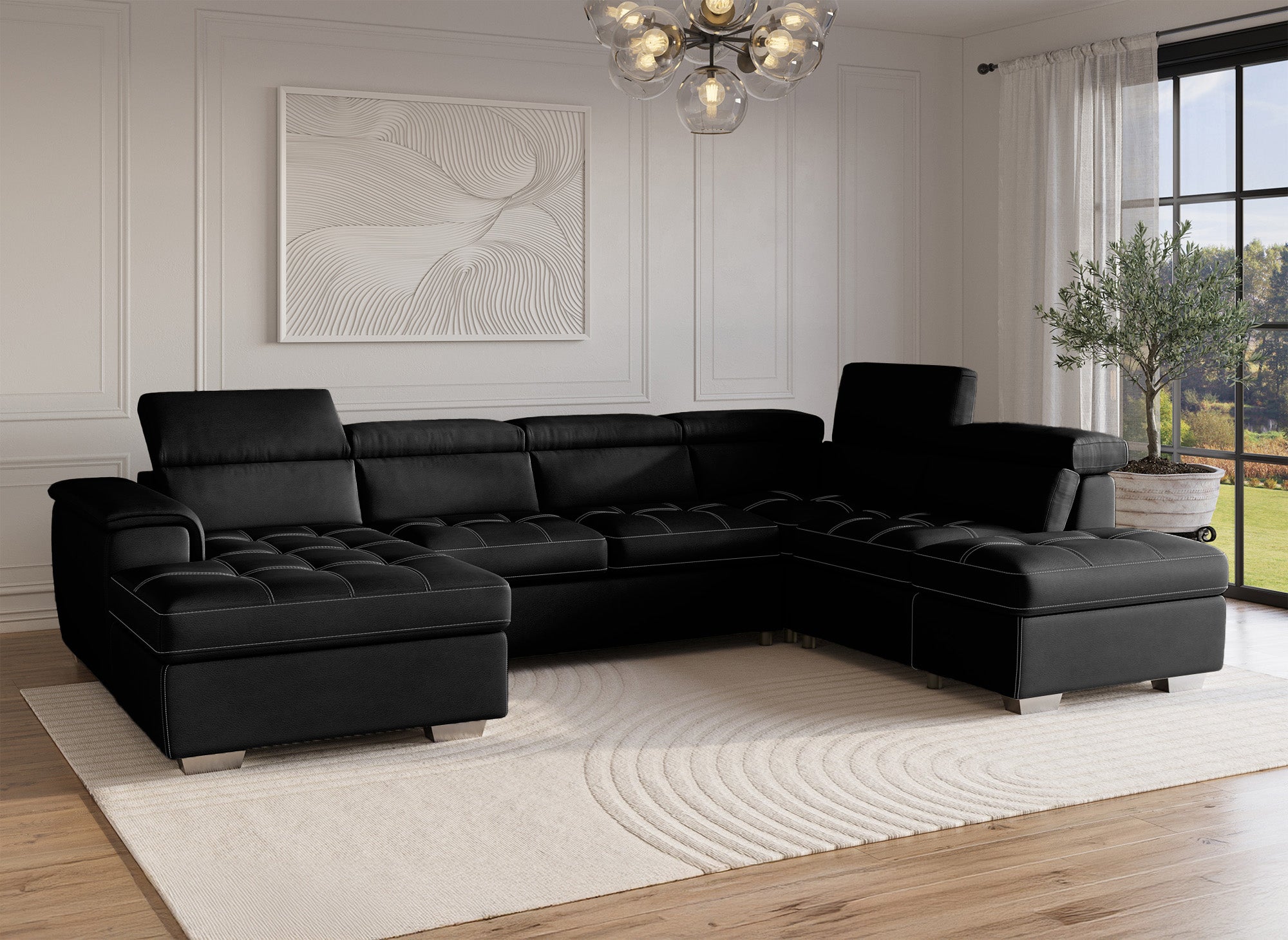 Sofá convertible y panorámico OLIVER con compartimento de almacenamiento en tela negra - Esquina izquierda