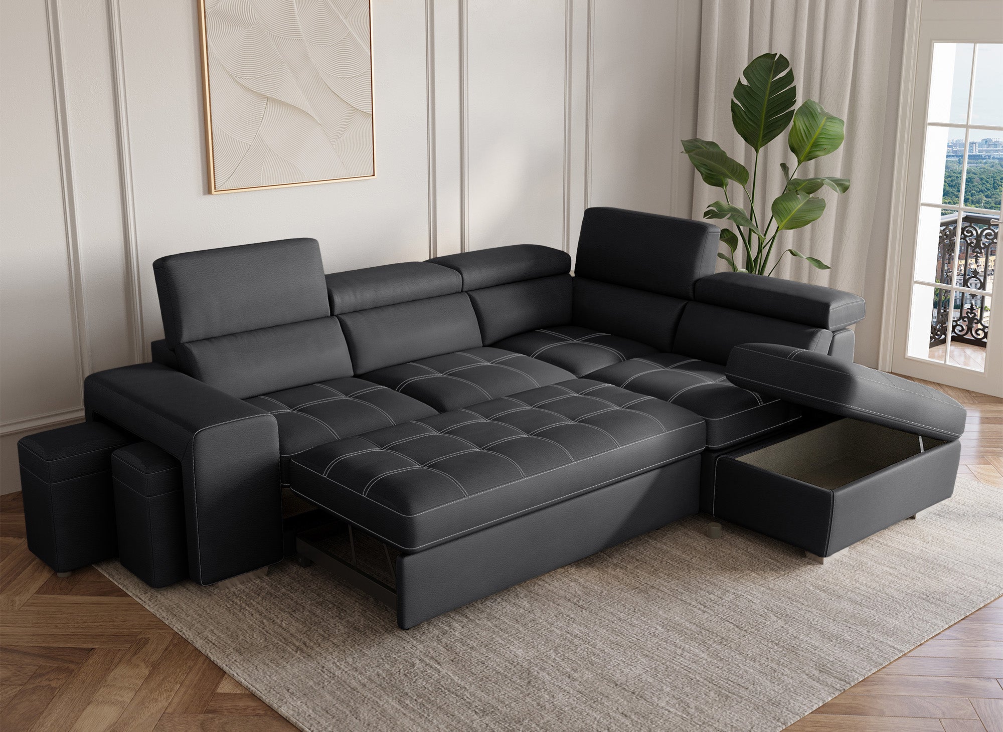 Sofá esquinero convertible DAVON en tela negra - esquina derecha