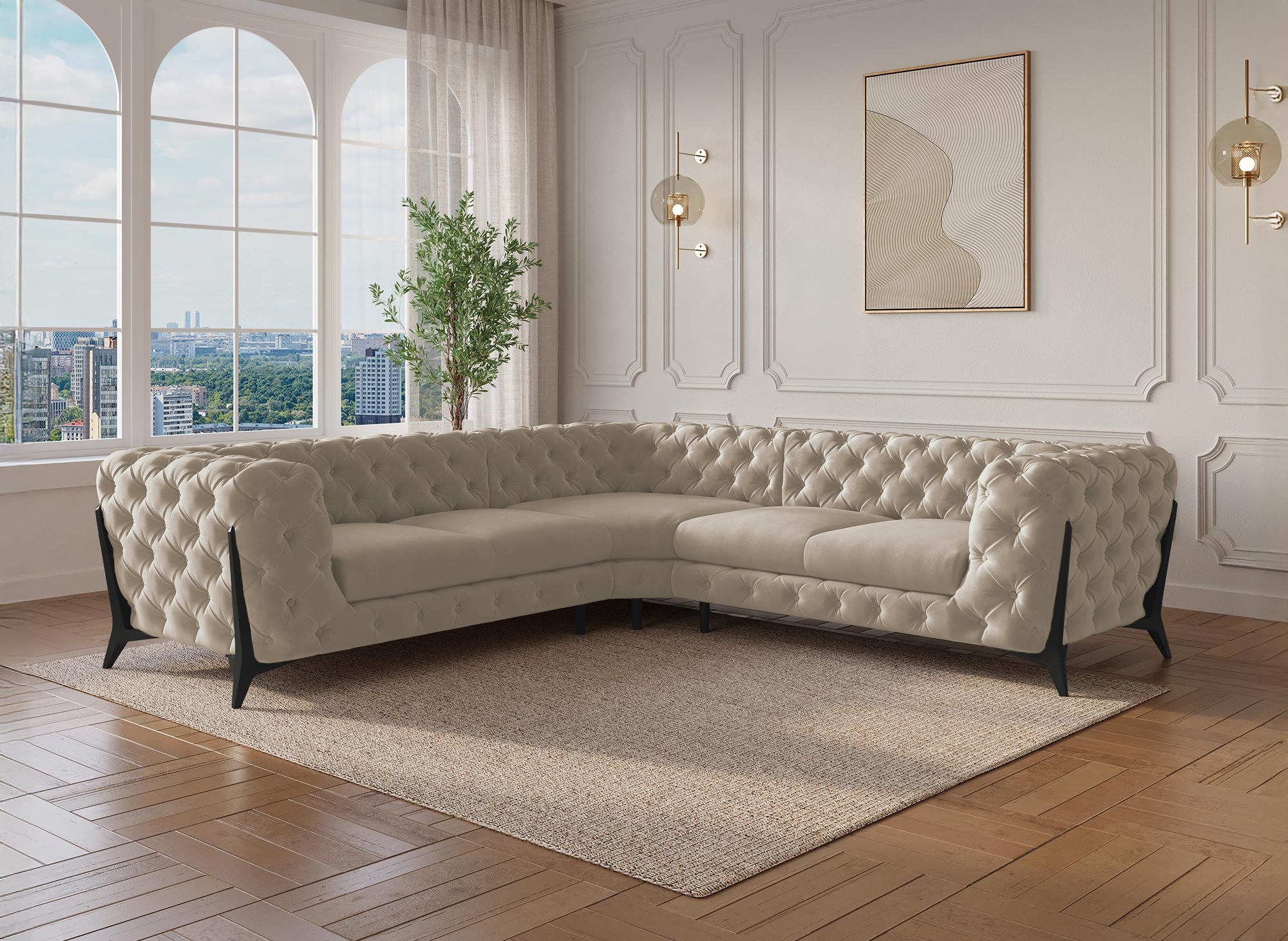 Sofá esquinero capitoné Chesterfield de terciopelo beige CARMEN