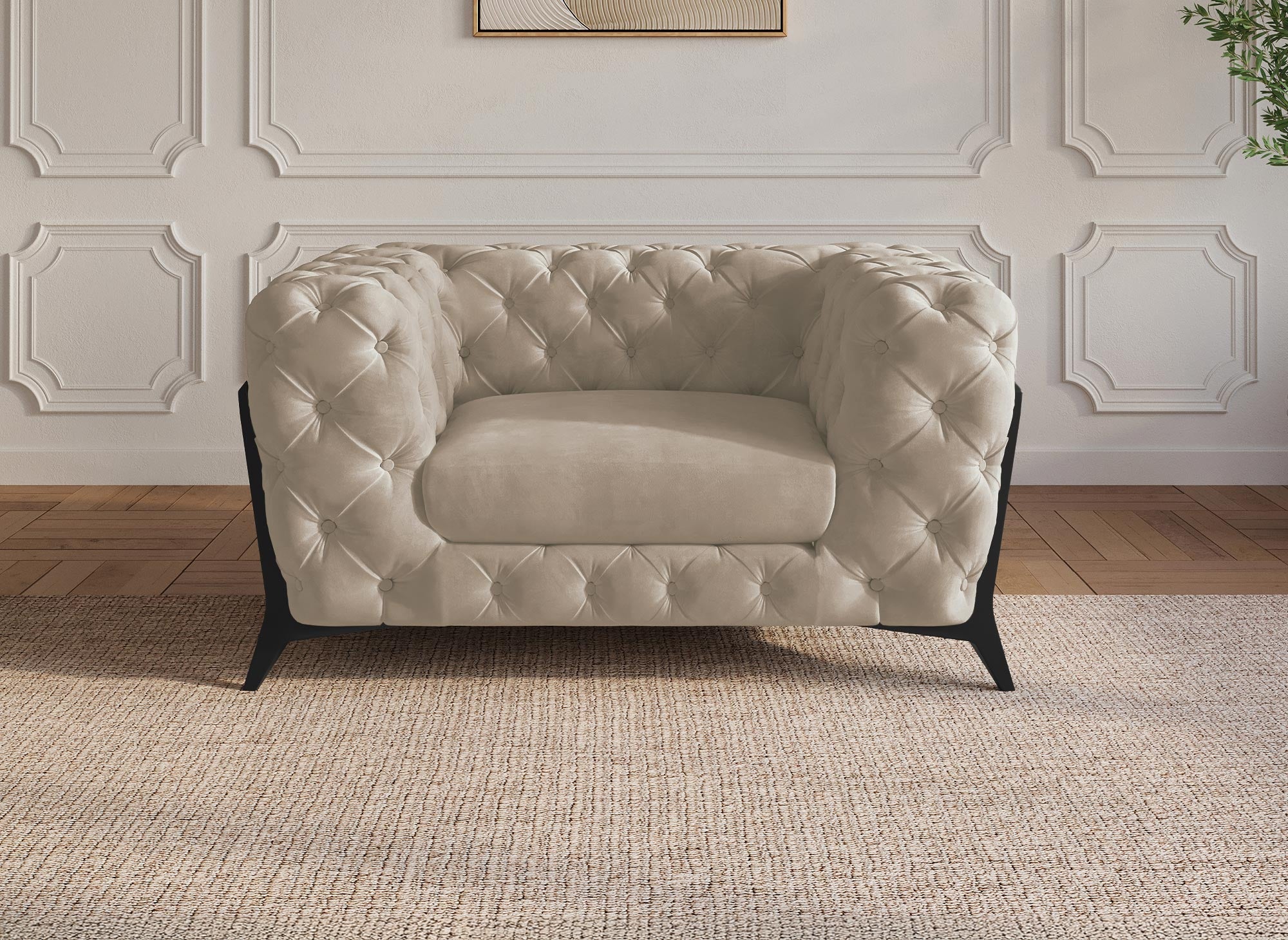 Sillón Chesterfield tapizado en terciopelo beige CARMEN