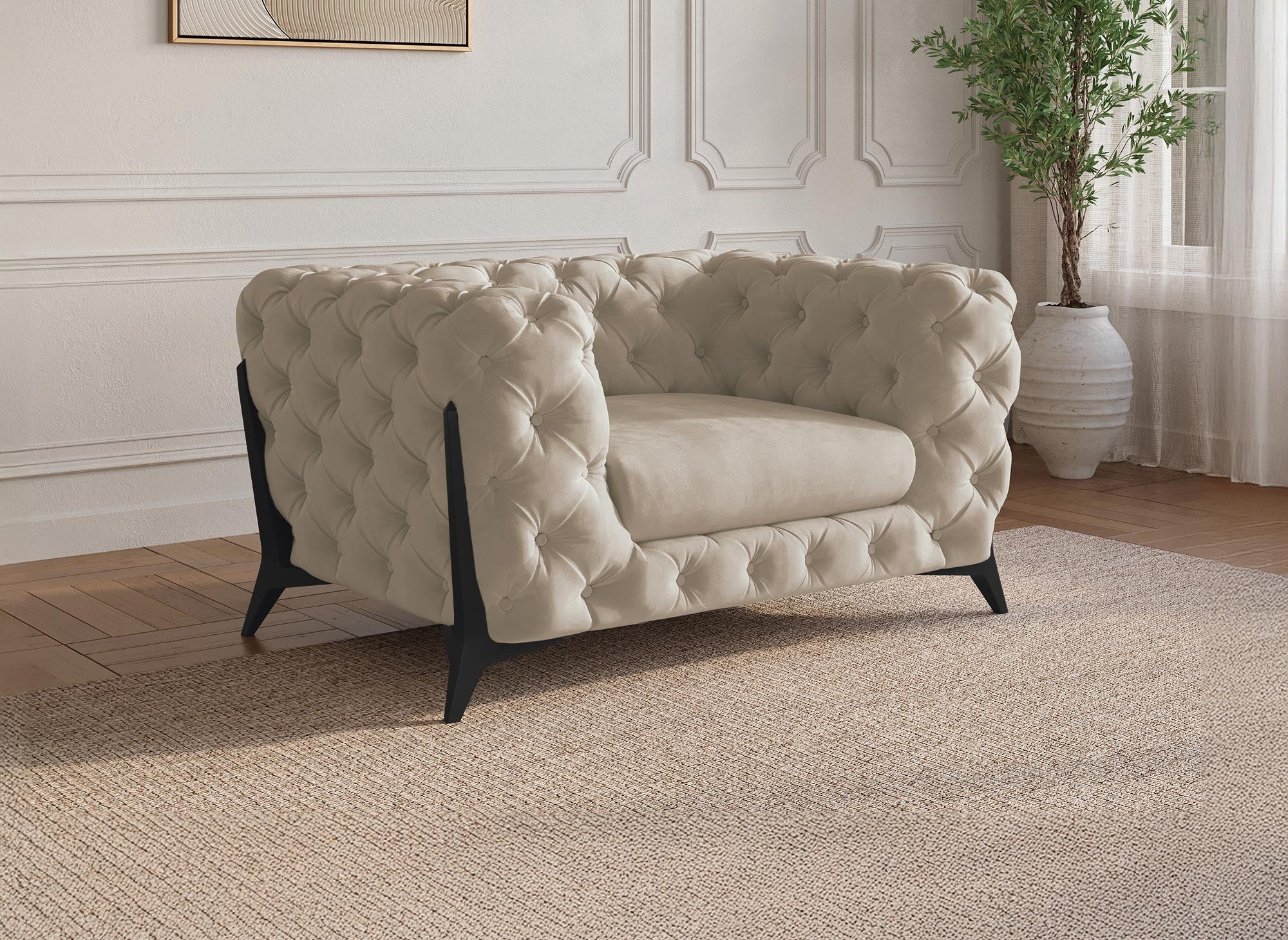 Sillón Chesterfield tapizado en terciopelo beige CARMEN