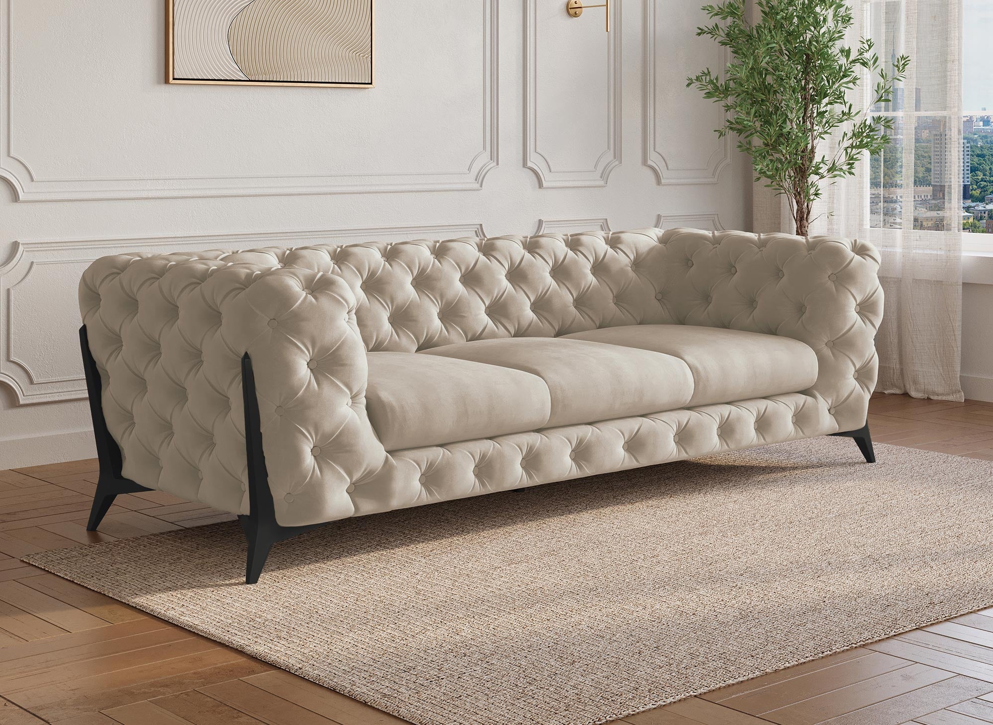 Sofá Chesterfield de 3 plazas CARMEN capitoné en terciopelo beige