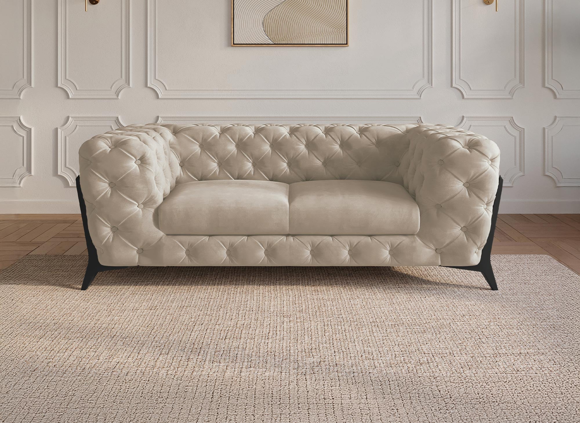 Sofá Chesterfield capitoné de 2 plazas CARMEN en terciopelo beige