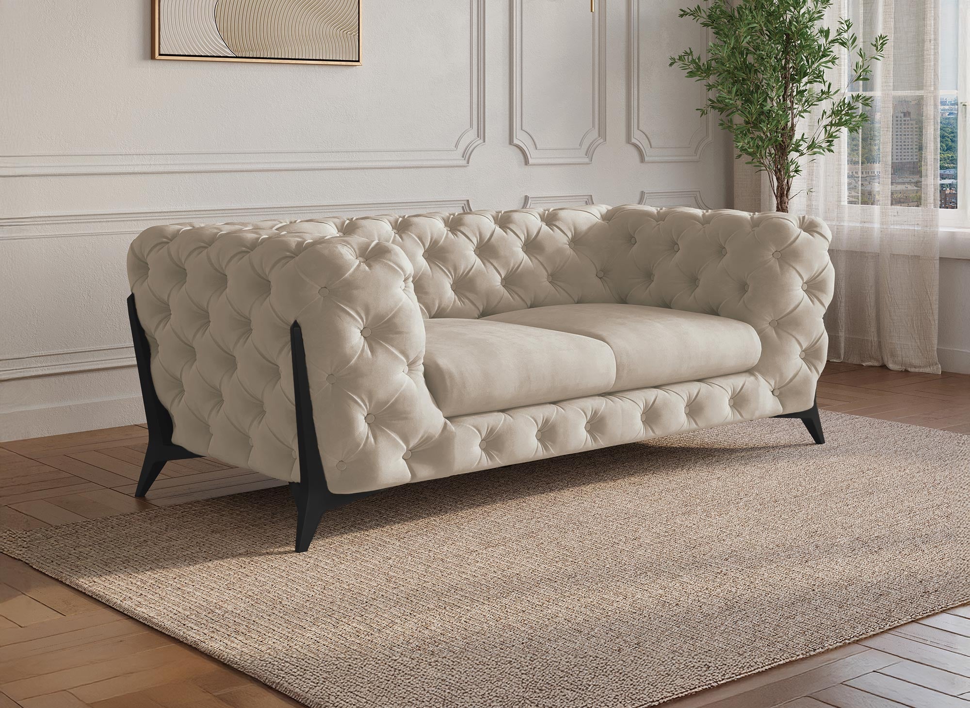 Sofá Chesterfield capitoné de 2 plazas CARMEN en terciopelo beige