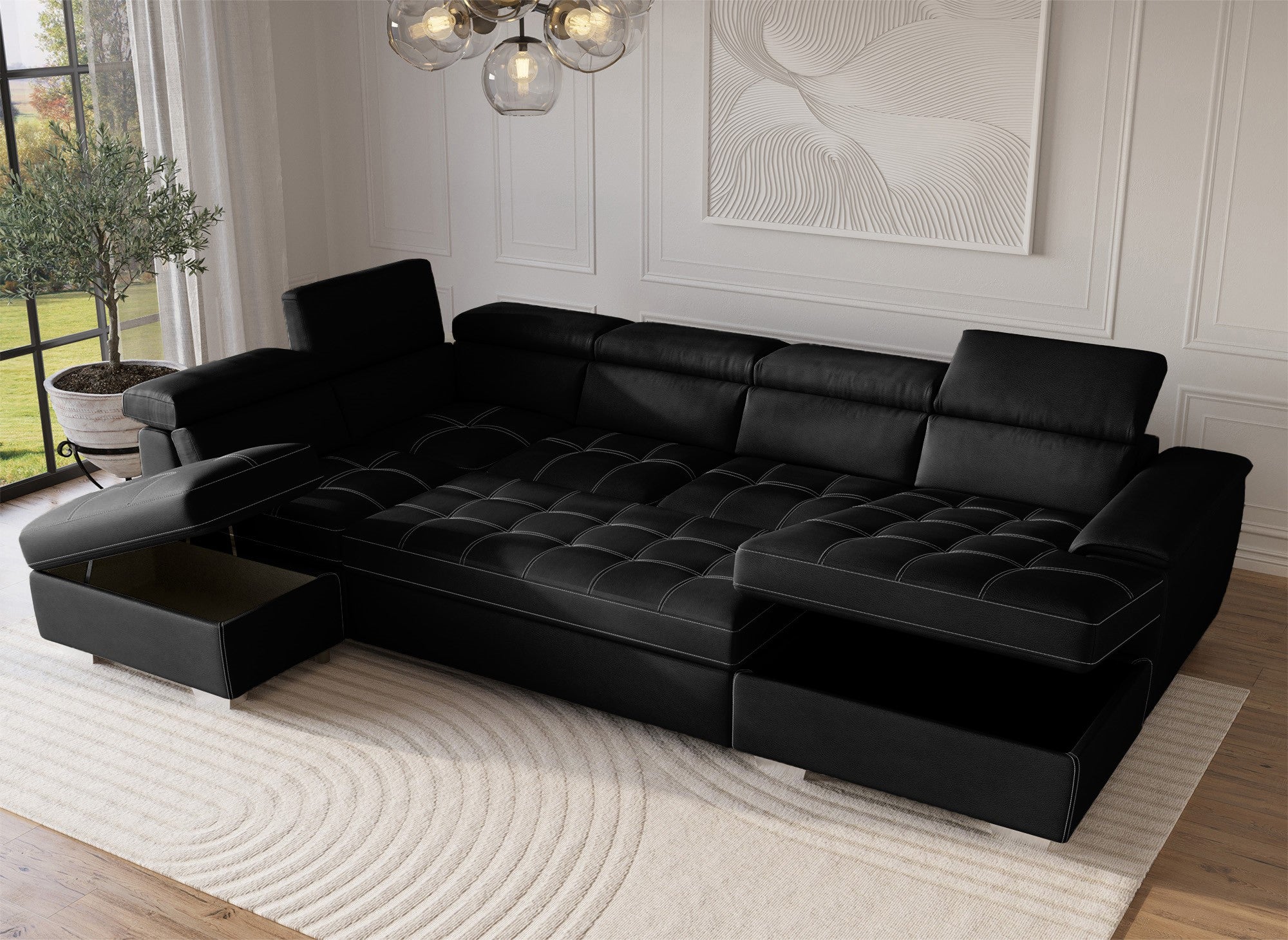 Sofá convertible y panorámico OLIVER con compartimento de almacenamiento en tela negra - Esquina derecha