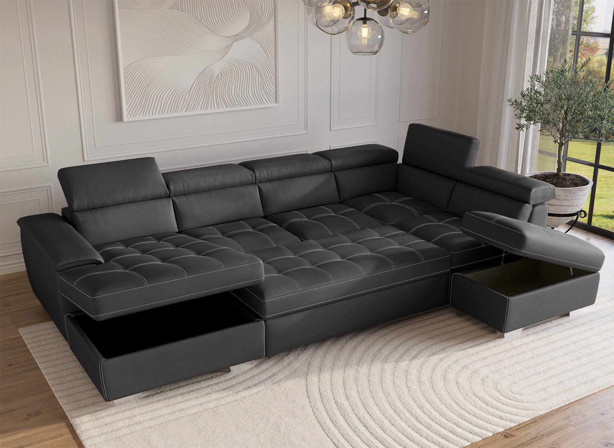 Sofá convertible y panorámico OLIVER con compartimento de almacenamiento en tela gris - Esquina izquierda