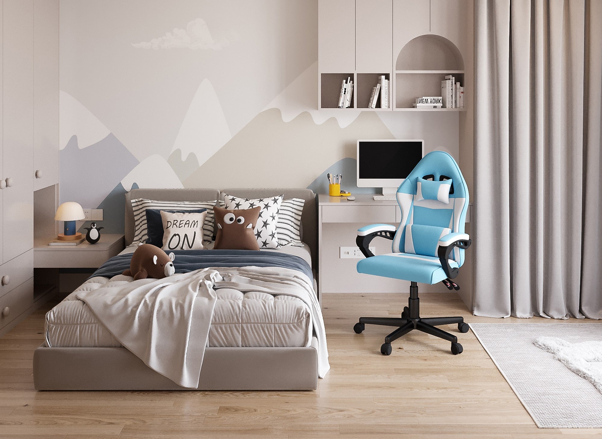 Silla de oficina GHOST de tela azul y blanca