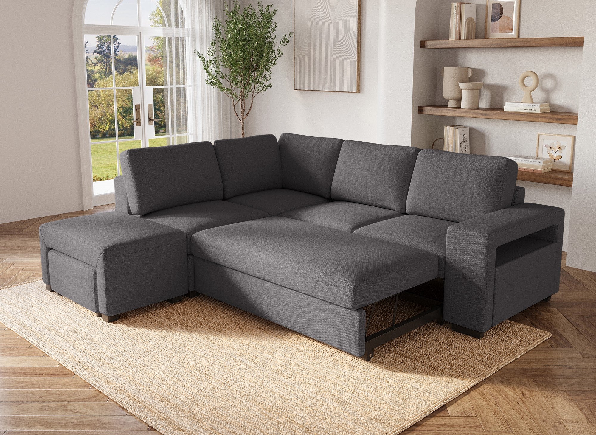 Sofá cama esquinero ALBAN en tela gris oscuro - Esquina izquierda