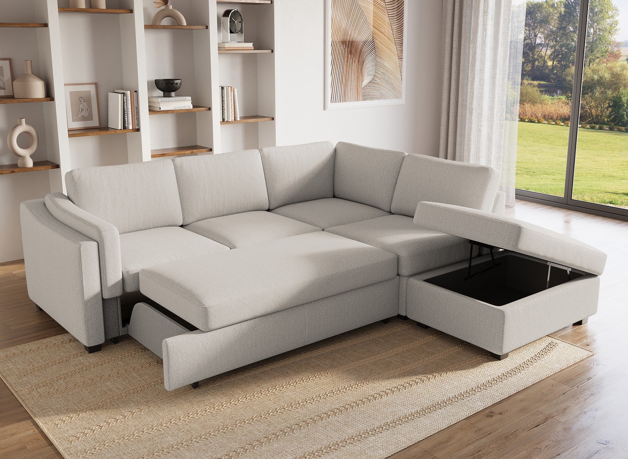 Sofá cama BARNEY con almacenaje en tela beige - Esquina derecha