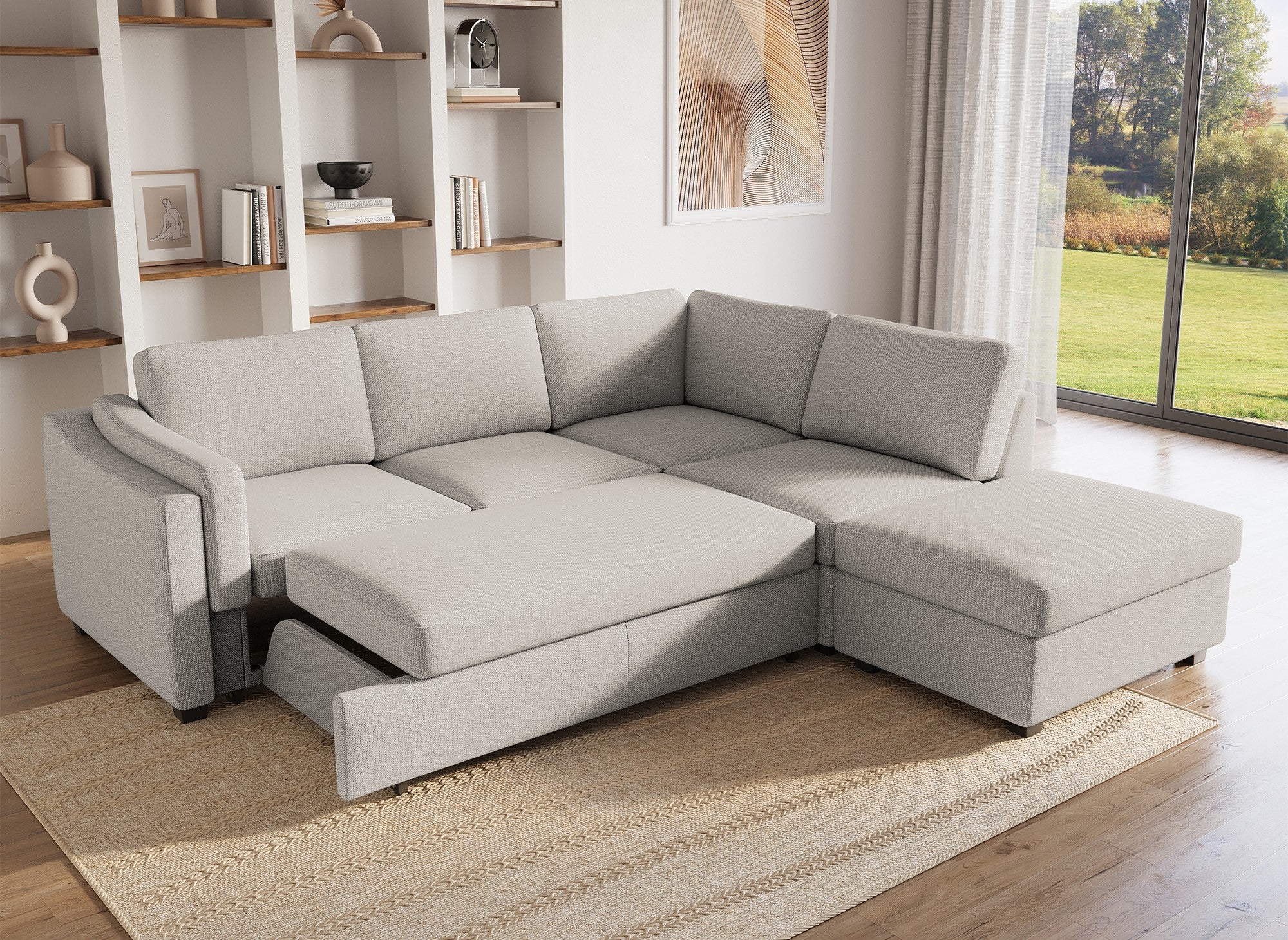 Sofá cama BARNEY con almacenaje en tela beige - Esquina derecha