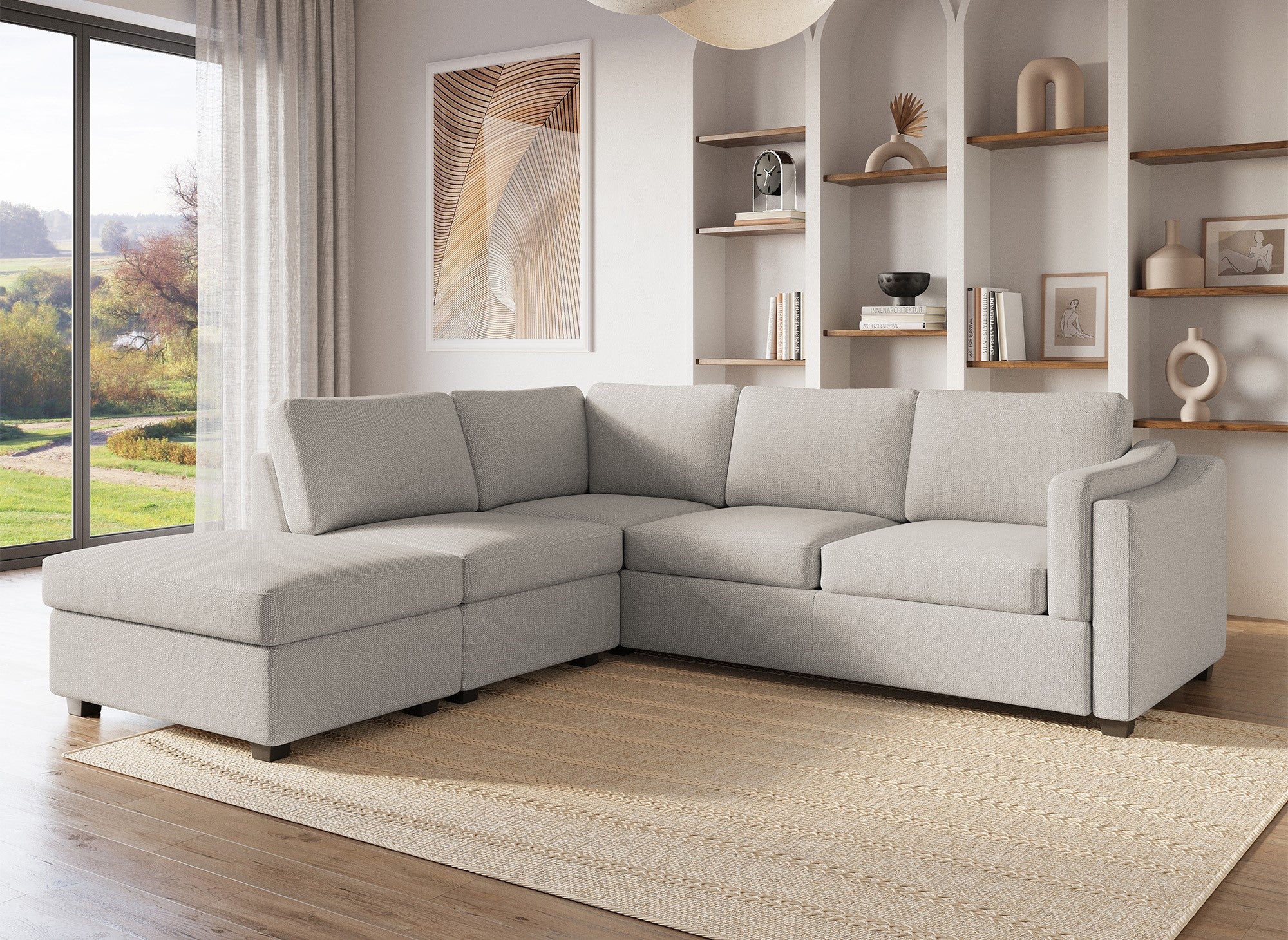 Sofá cama BARNEY convertible con almacenaje en tela beige - Esquina izquierda