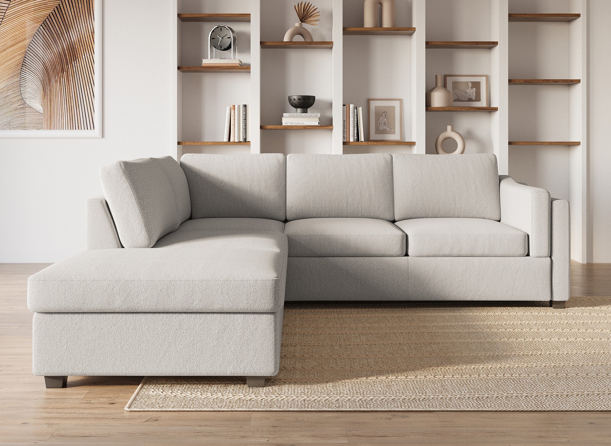 Sofá cama BARNEY convertible con almacenaje en tela beige - Esquina izquierda