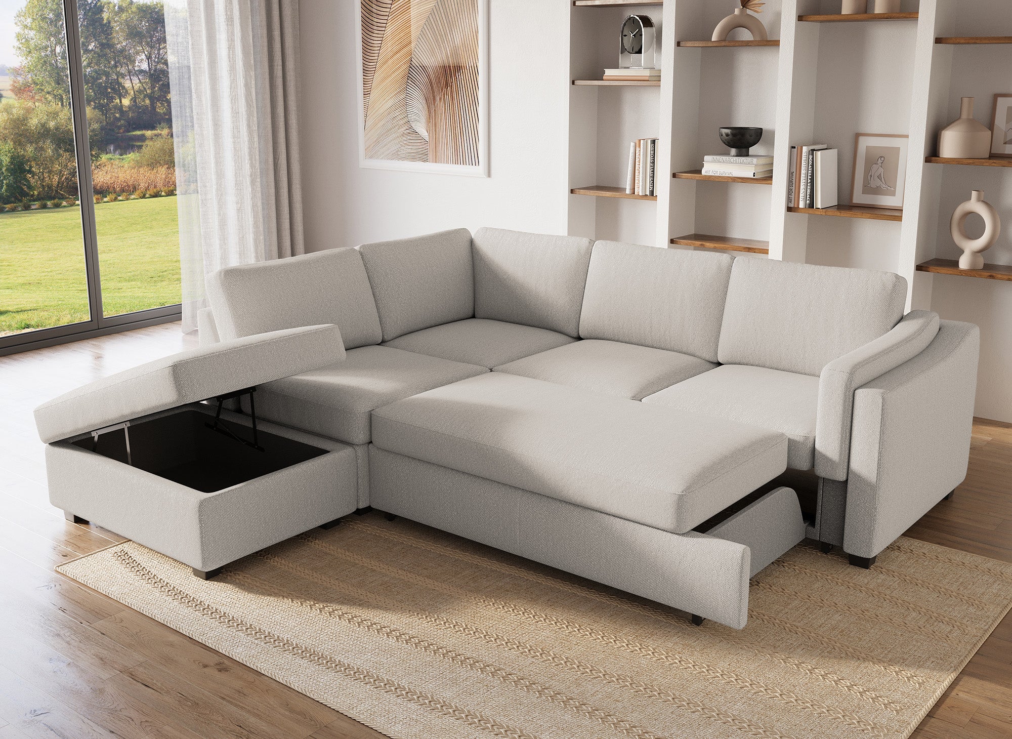 Sofá cama BARNEY convertible con almacenaje en tela beige - Esquina izquierda