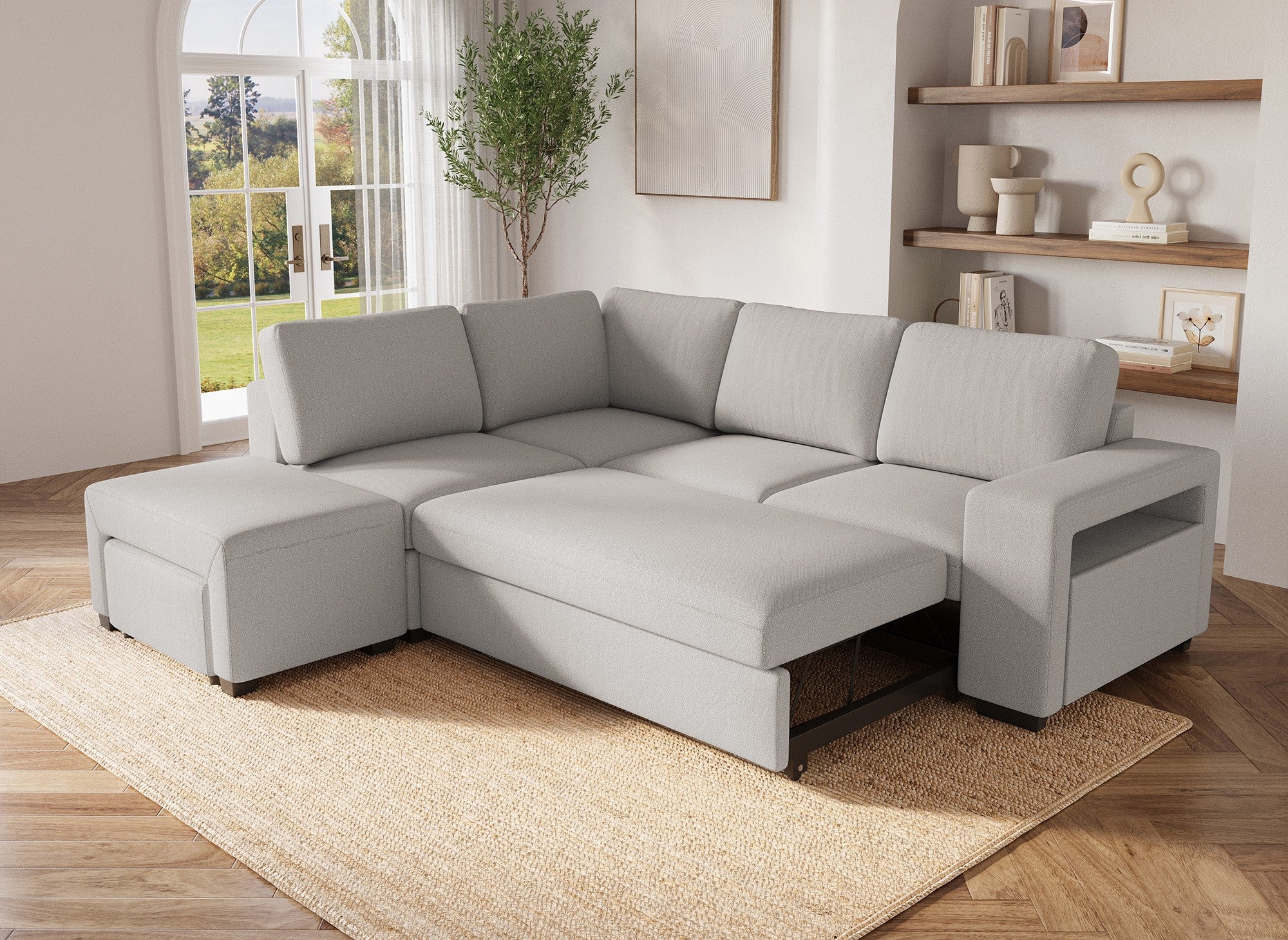 Sofá cama esquinero ALBAN de tela beige - Esquina izquierda