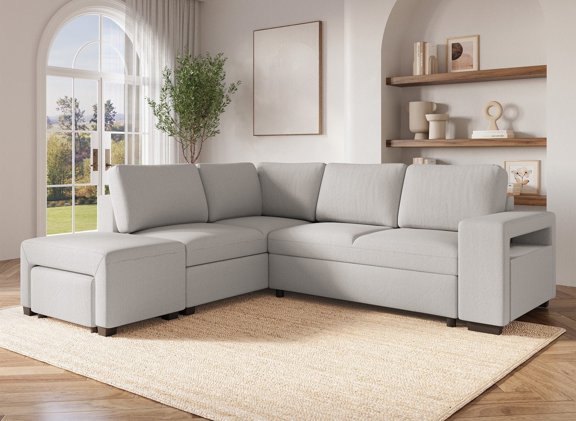 Sofá cama esquinero ALBAN de tela beige - Esquina izquierda