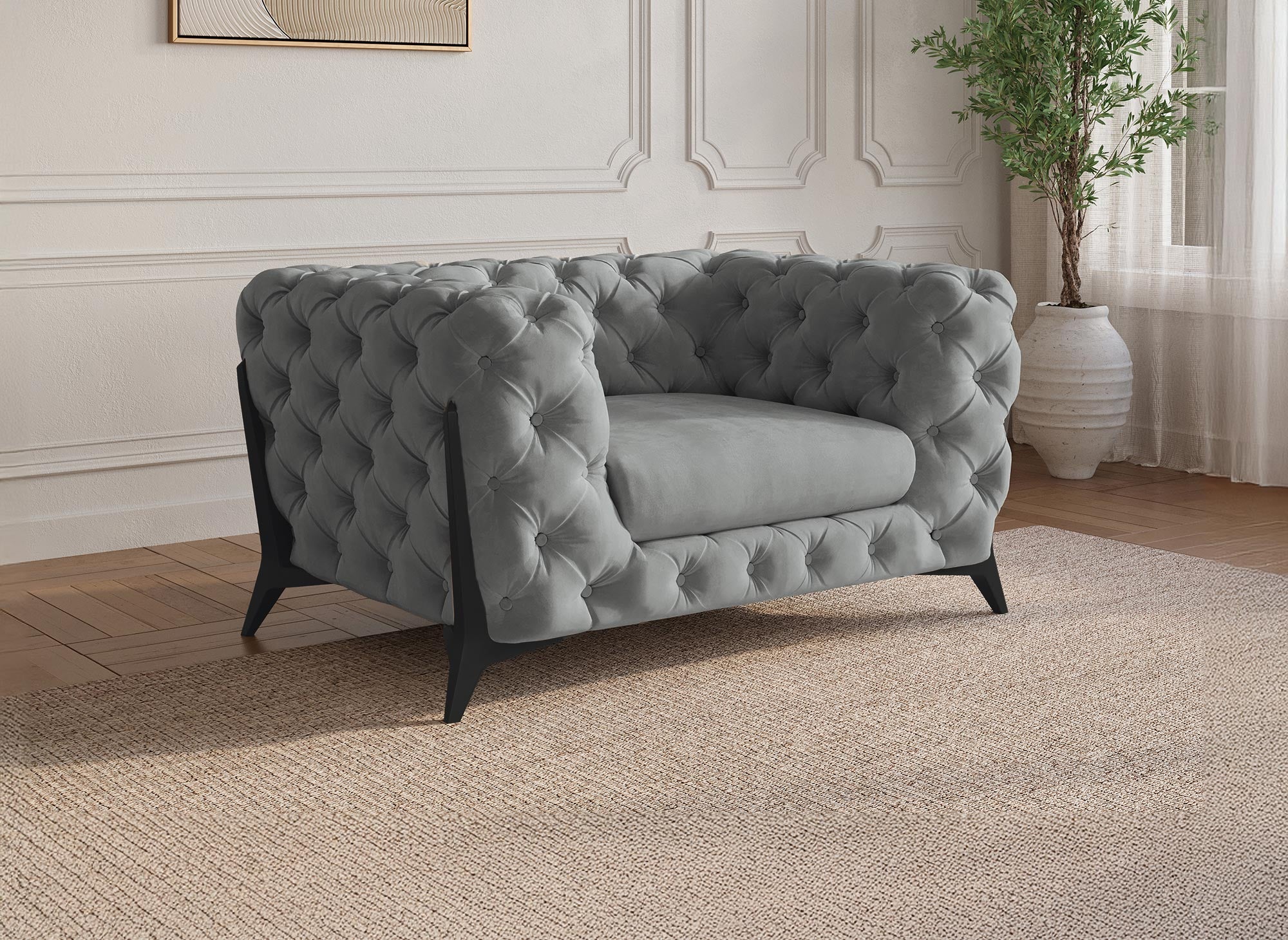 Sillón Chesterfield tapizado en terciopelo gris CARMEN