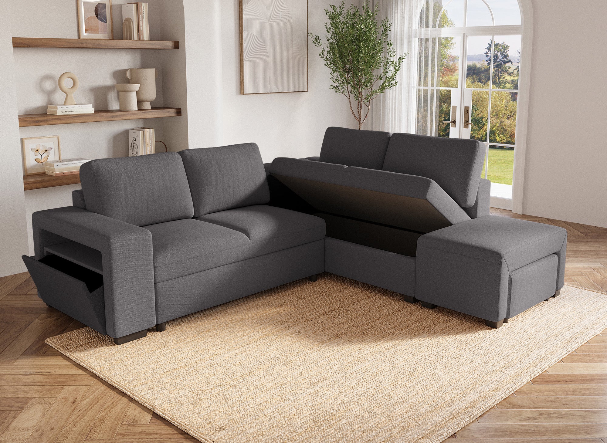 Sofá esquinero convertible ALBAN de tela gris oscuro - Esquina derecha