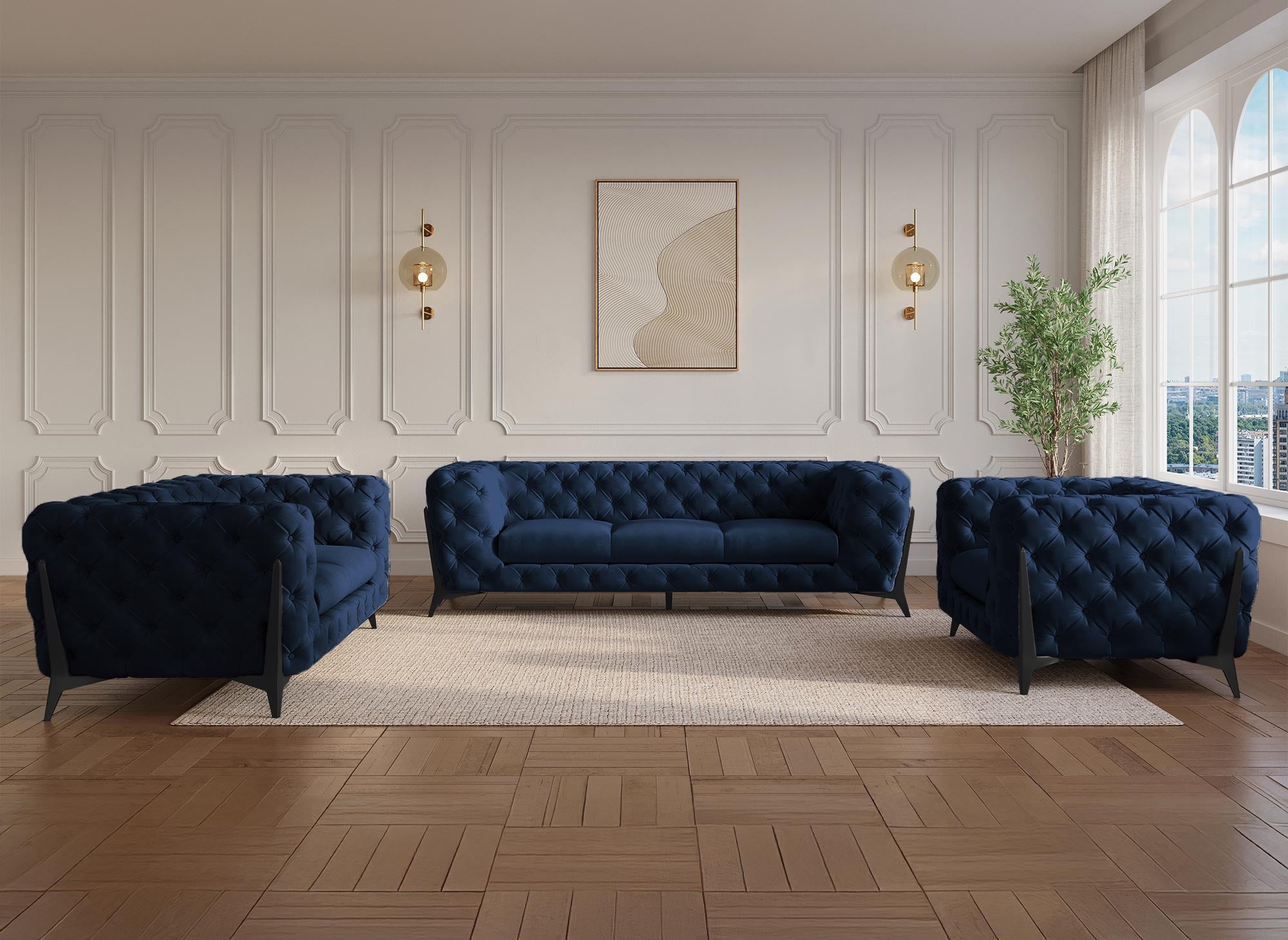 Sofá Chesterfield capitoné de 3 plazas CARMEN en terciopelo azul