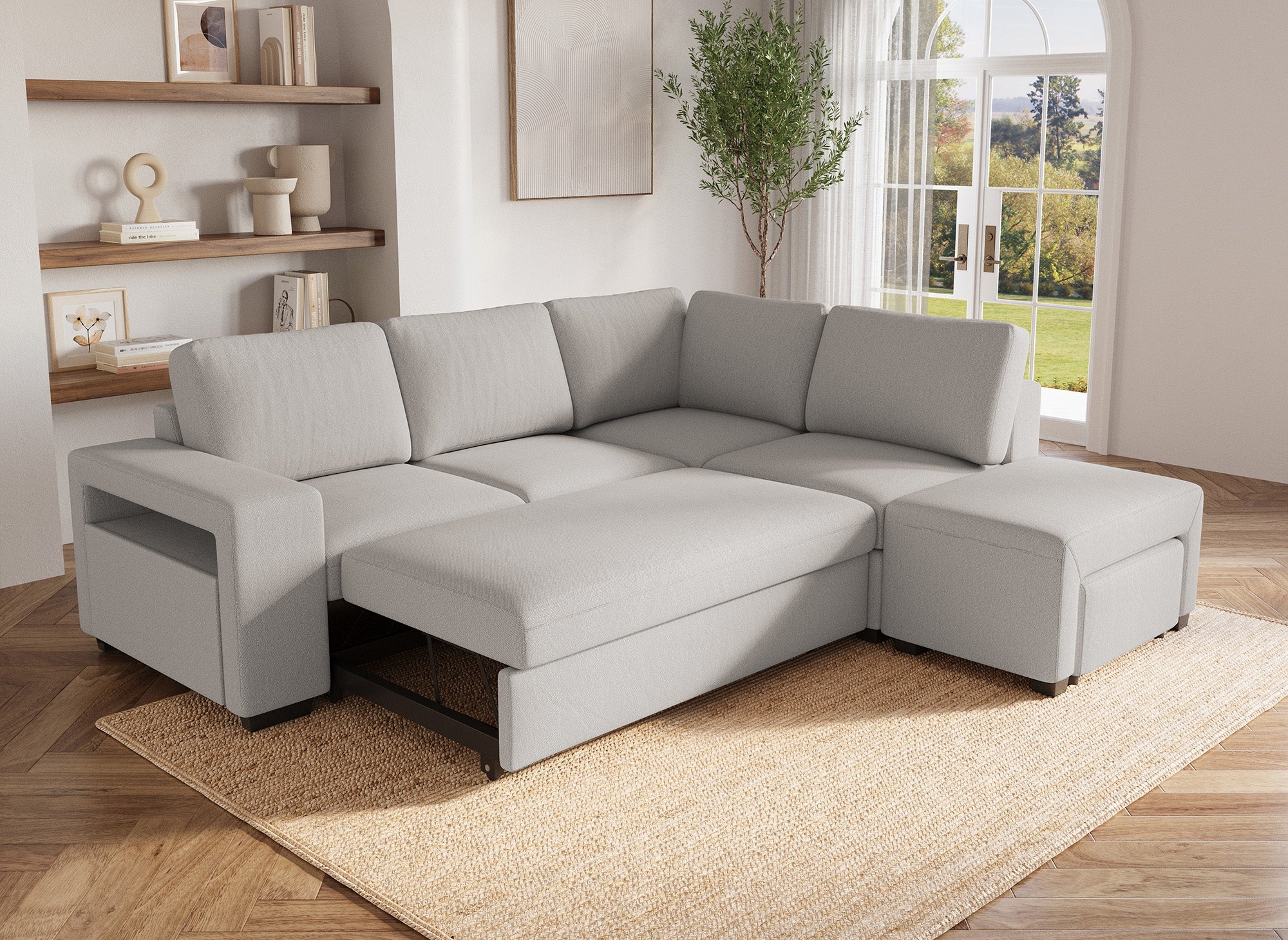 Sofá cama esquinero ALBAN de tela beige - Esquina derecha