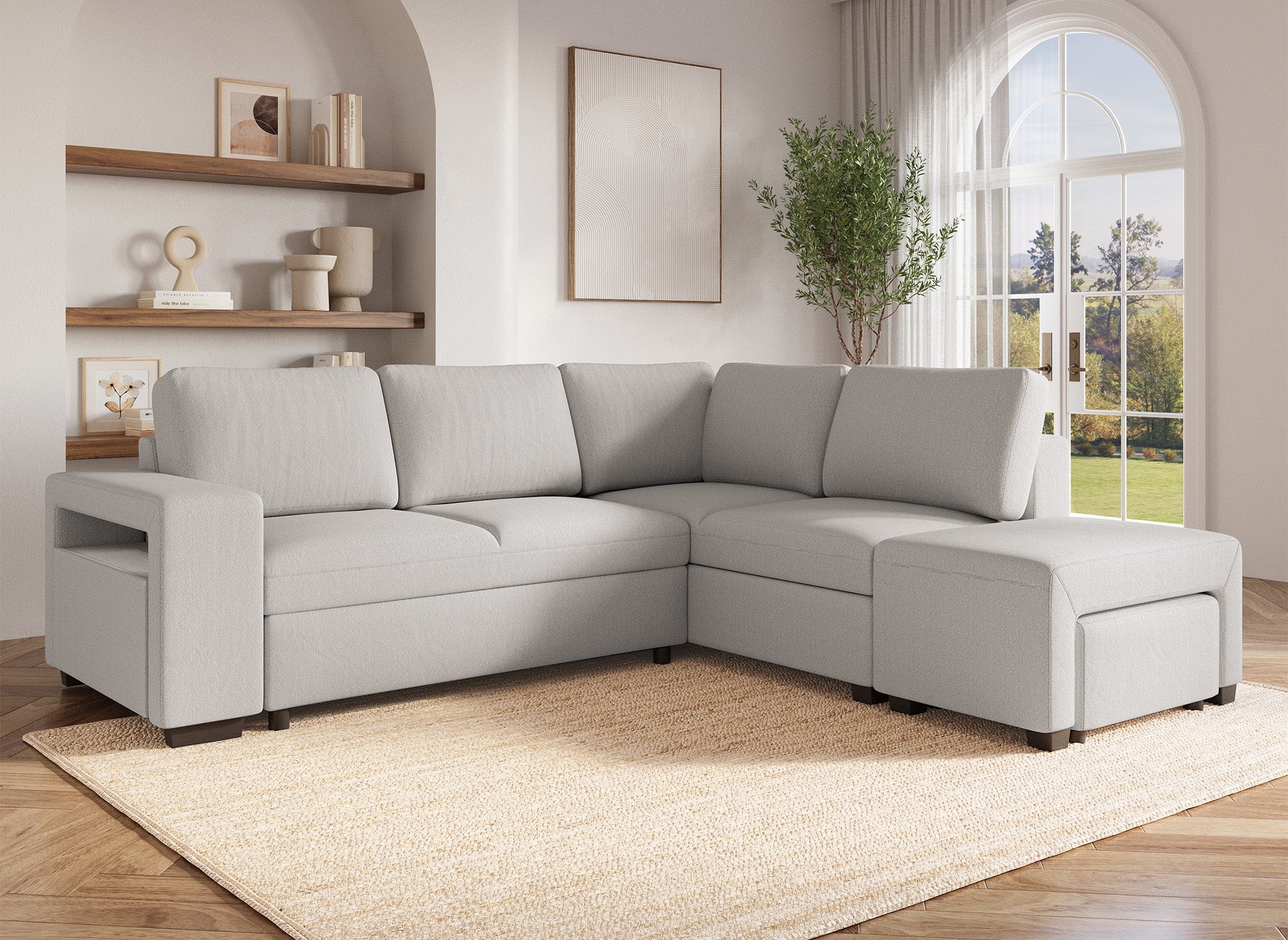 Sofá cama esquinero ALBAN de tela beige - Esquina derecha