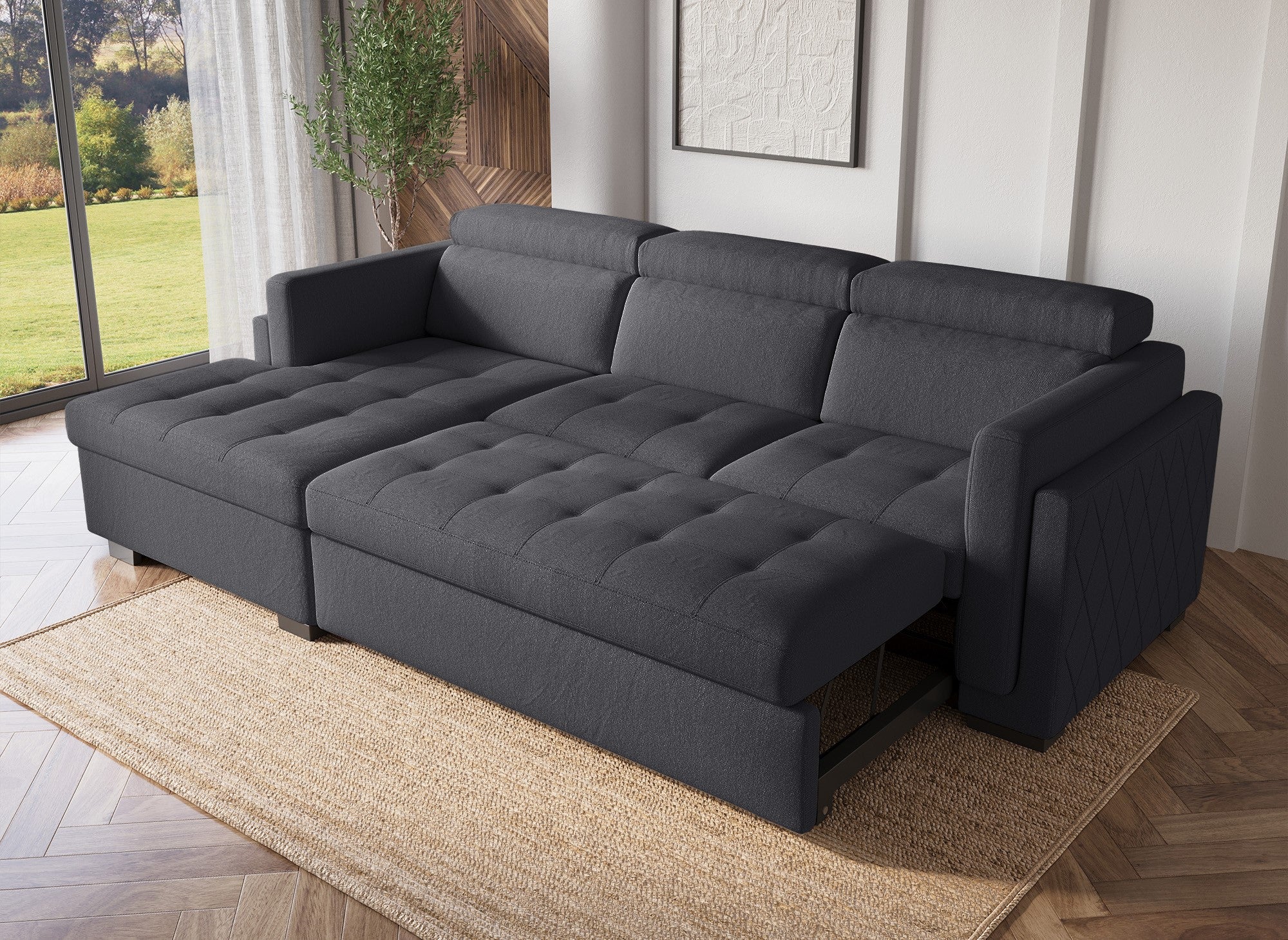 Sofá cama esquinero CHANDLER en tela gris oscuro - Esquina izquierda