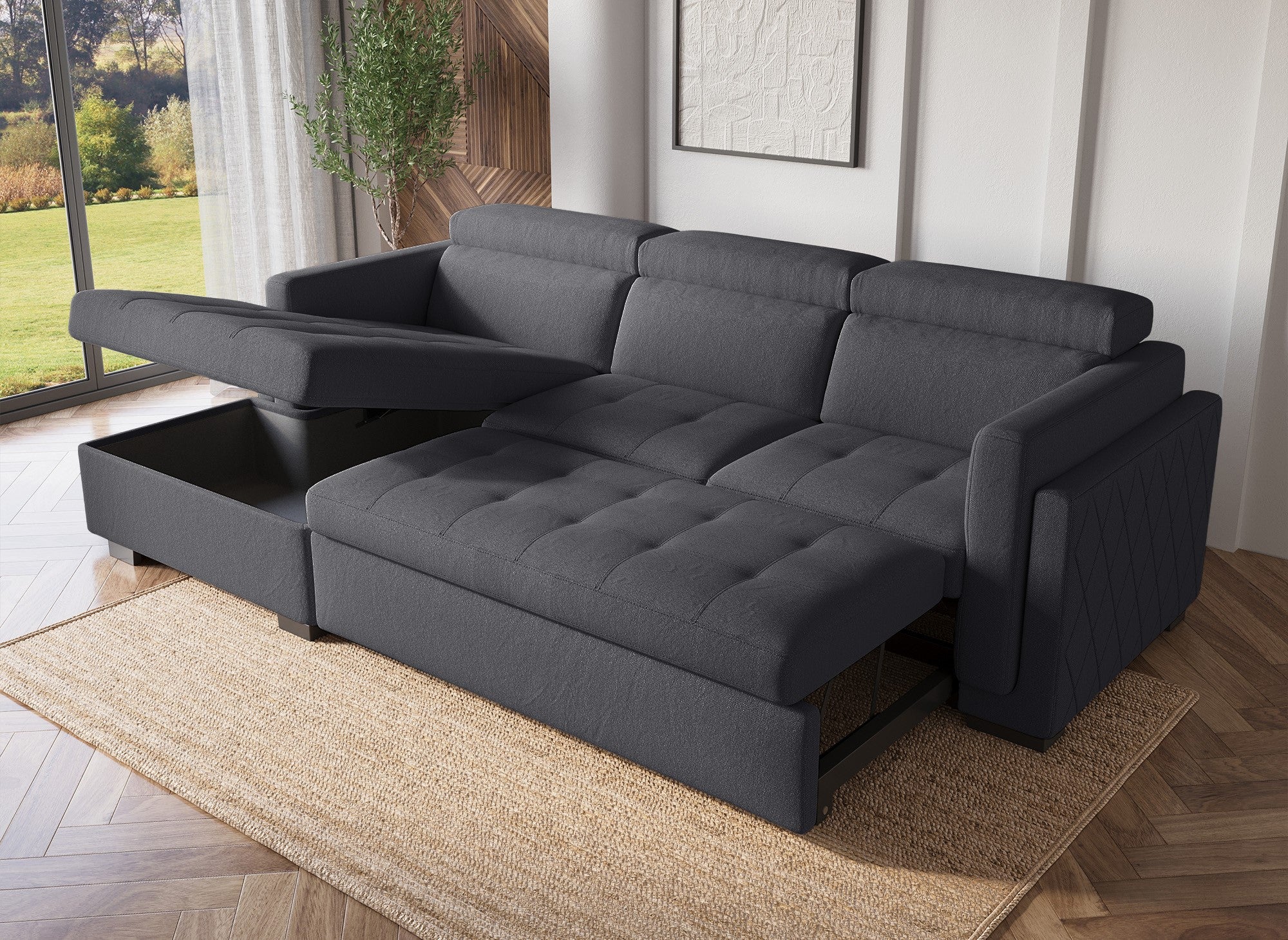 Sofá cama esquinero CHANDLER en tela gris oscuro - Esquina izquierda