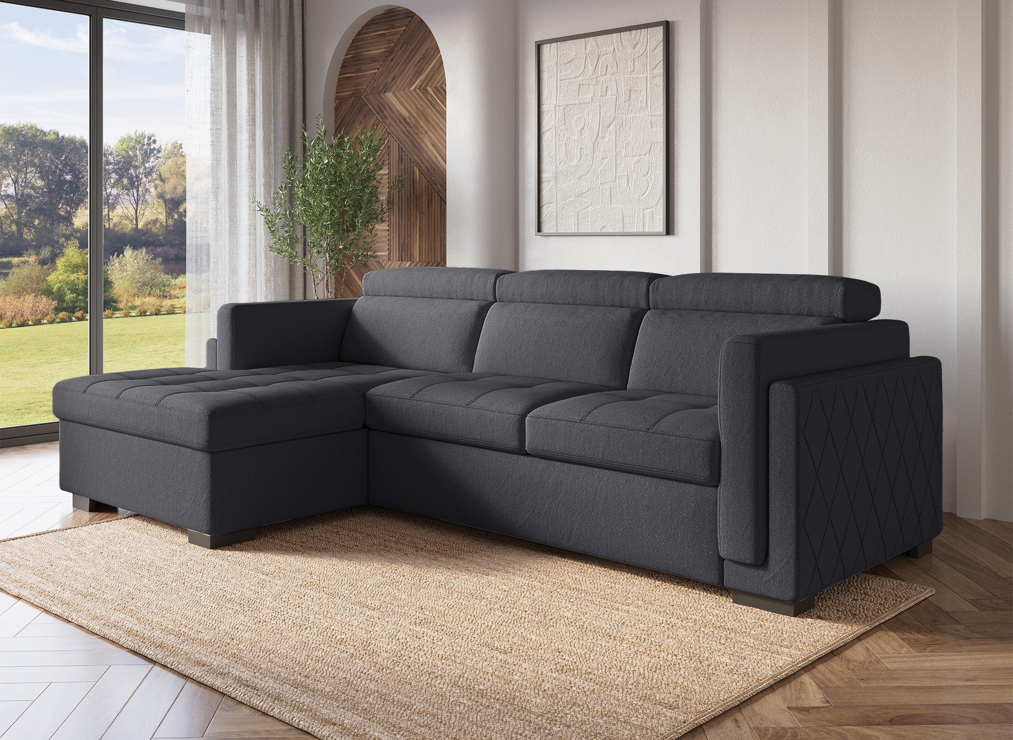 Sofá cama esquinero CHANDLER en tela gris oscuro - Esquina izquierda