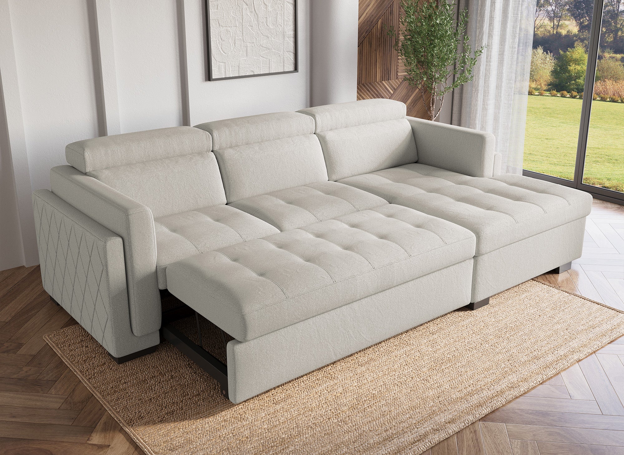 Sofá cama esquinero CHANDLER de tela beige - Esquina derecha