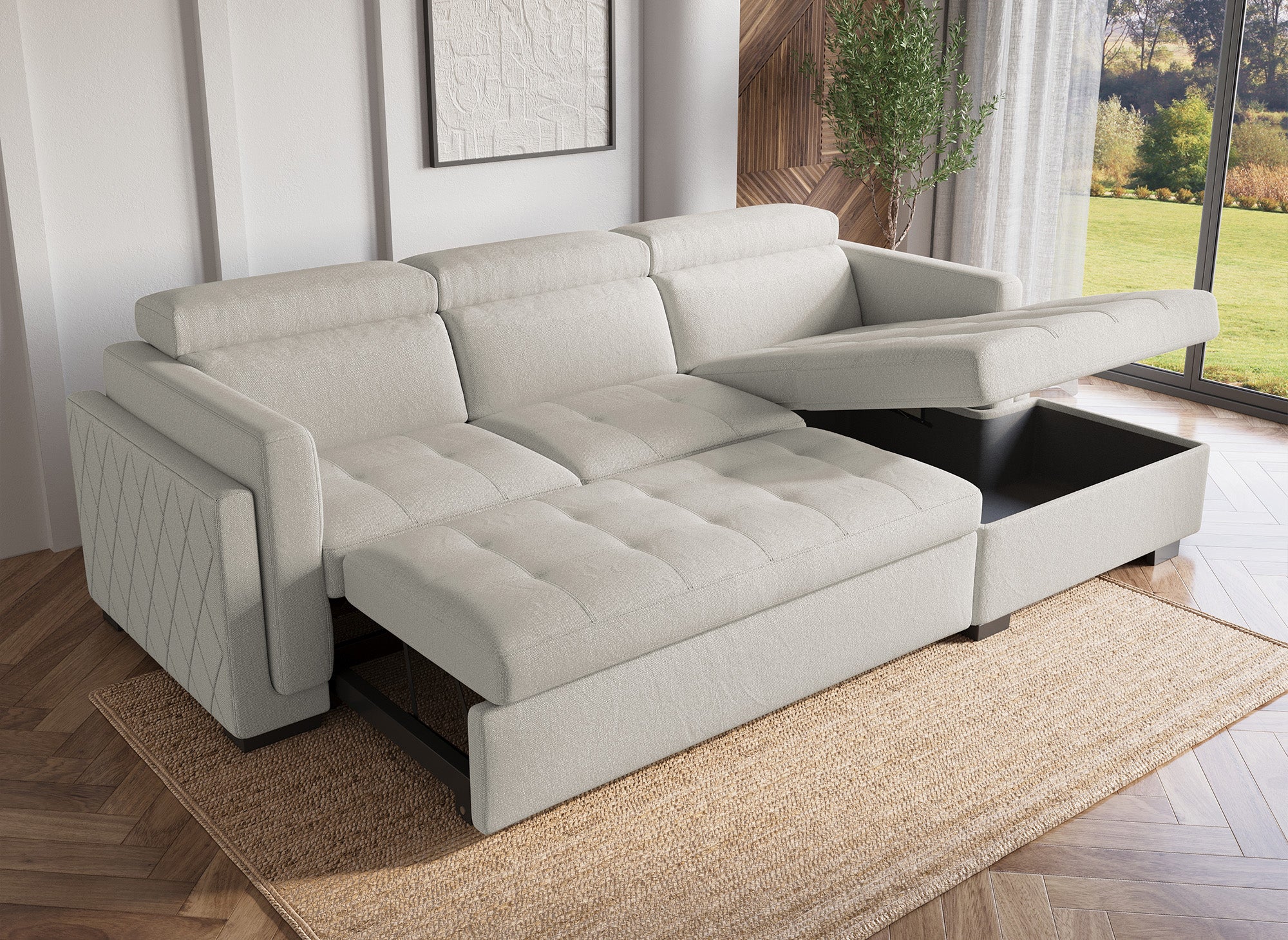 Sofá cama esquinero CHANDLER de tela beige - Esquina derecha