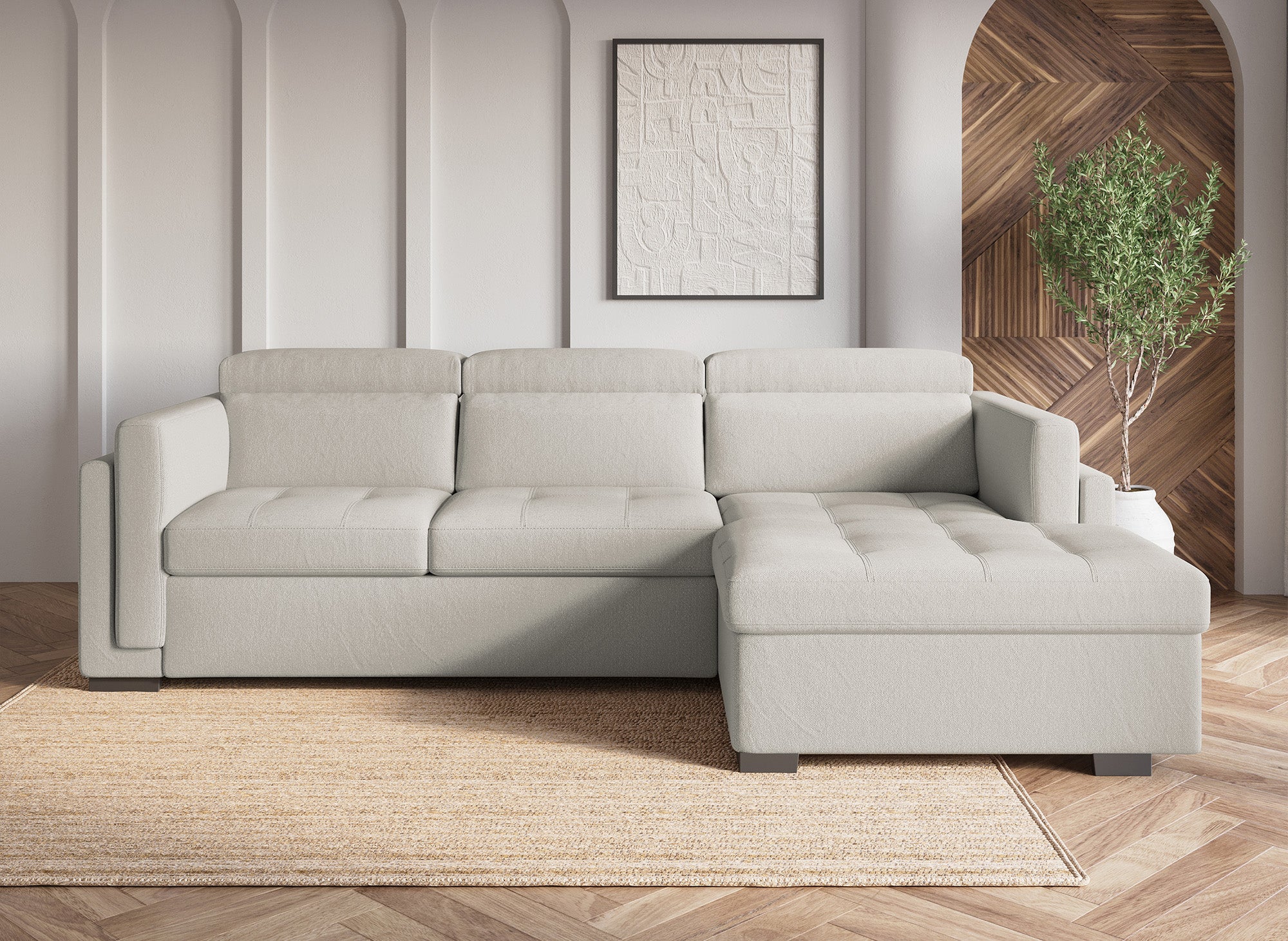 Sofá cama esquinero CHANDLER de tela beige - Esquina derecha