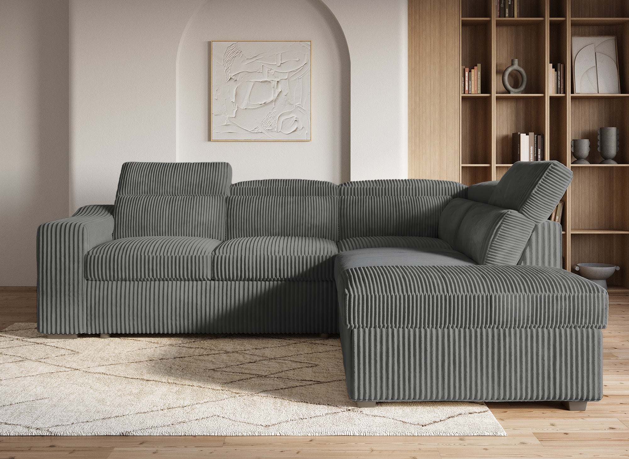 Sofá cama esquinero MARTY con almacenaje en pana gris - Esquina derecha