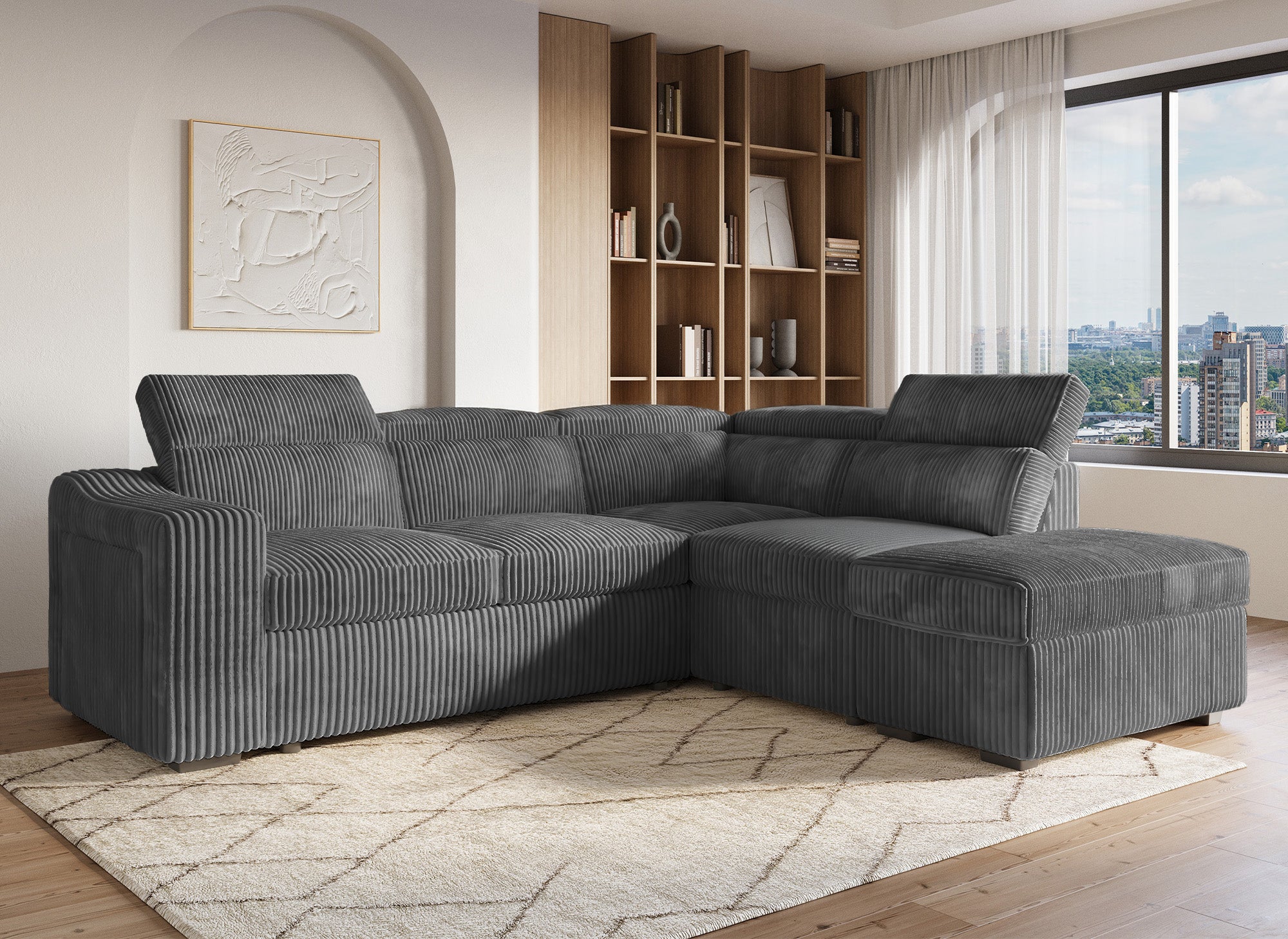 Sofá cama esquinero MARTY con almacenaje en pana gris - Esquina derecha