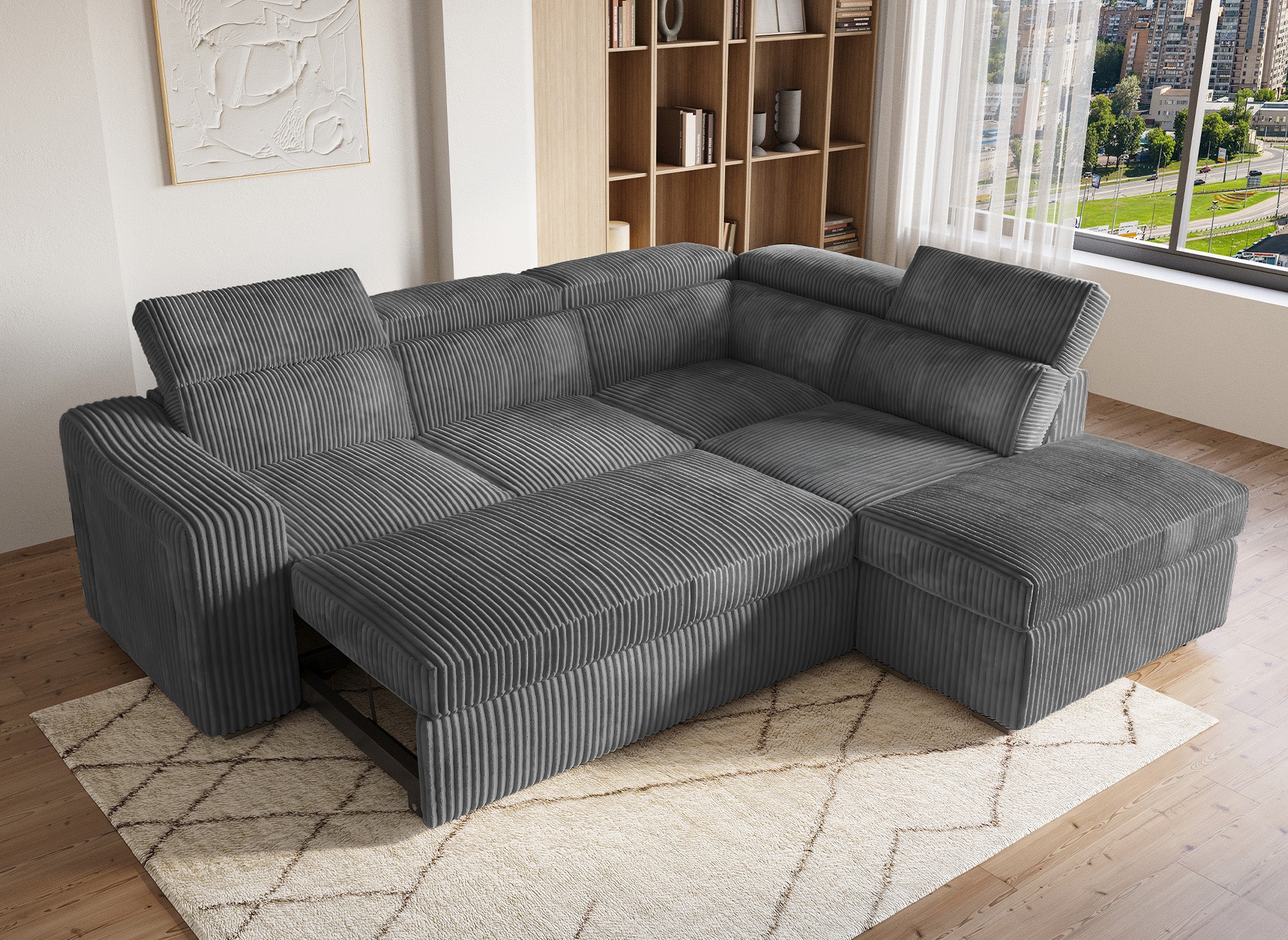 Sofá cama esquinero MARTY con almacenaje en pana gris - Esquina derecha