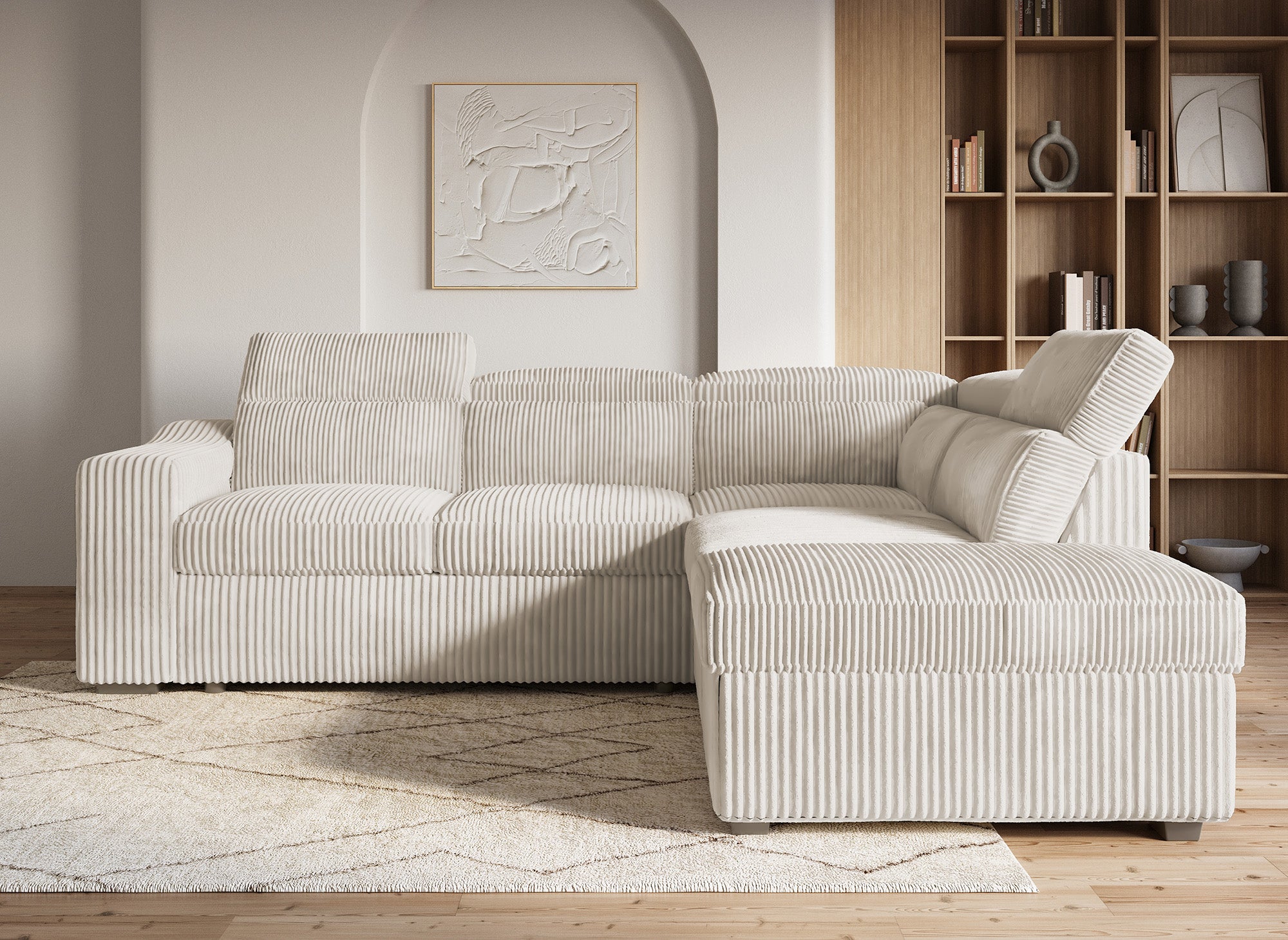 Sofá cama esquinero MARTY con almacenaje en pana beige - Esquina derecha