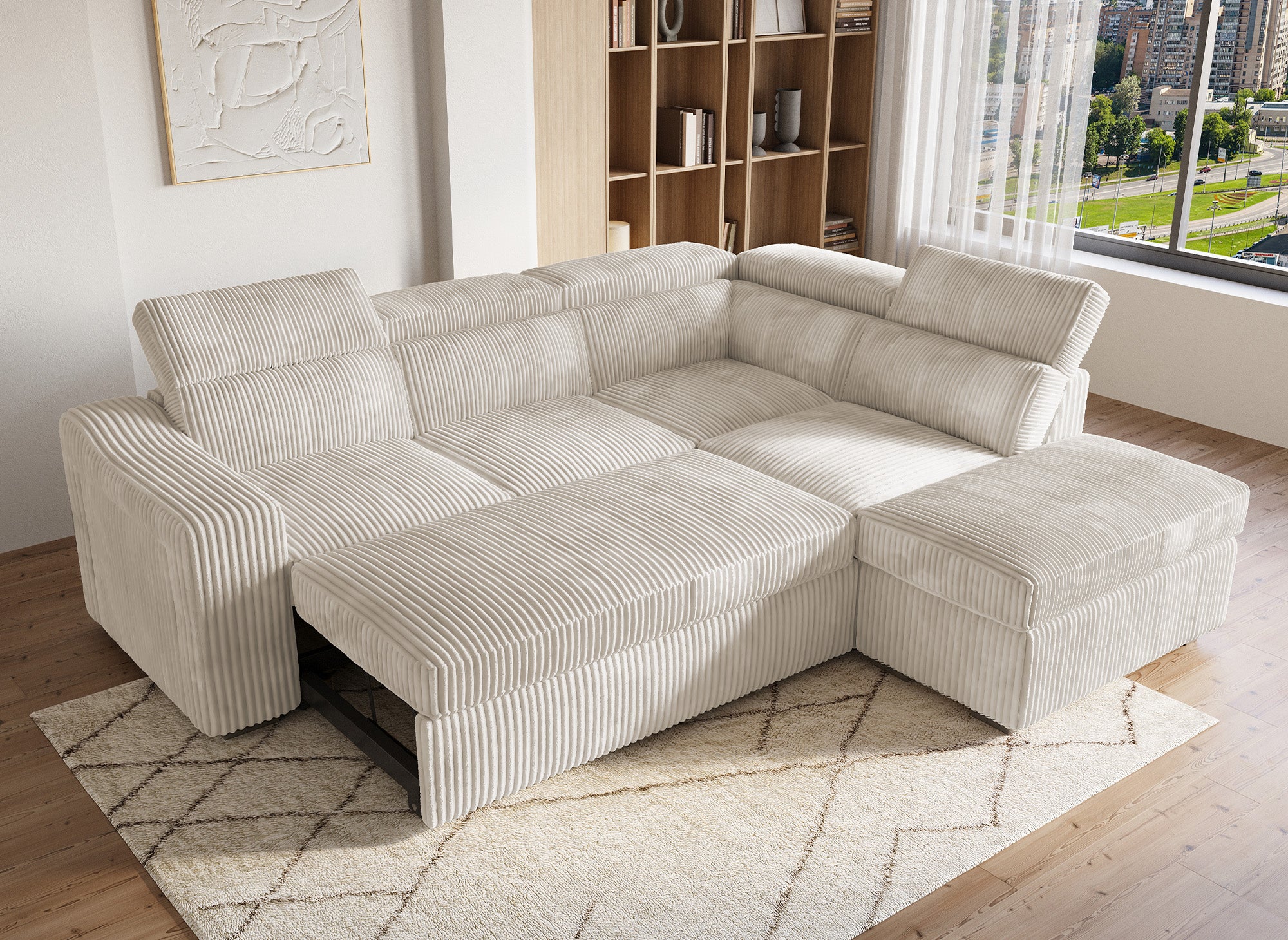 Sofá cama esquinero MARTY con almacenaje en pana beige - Esquina derecha