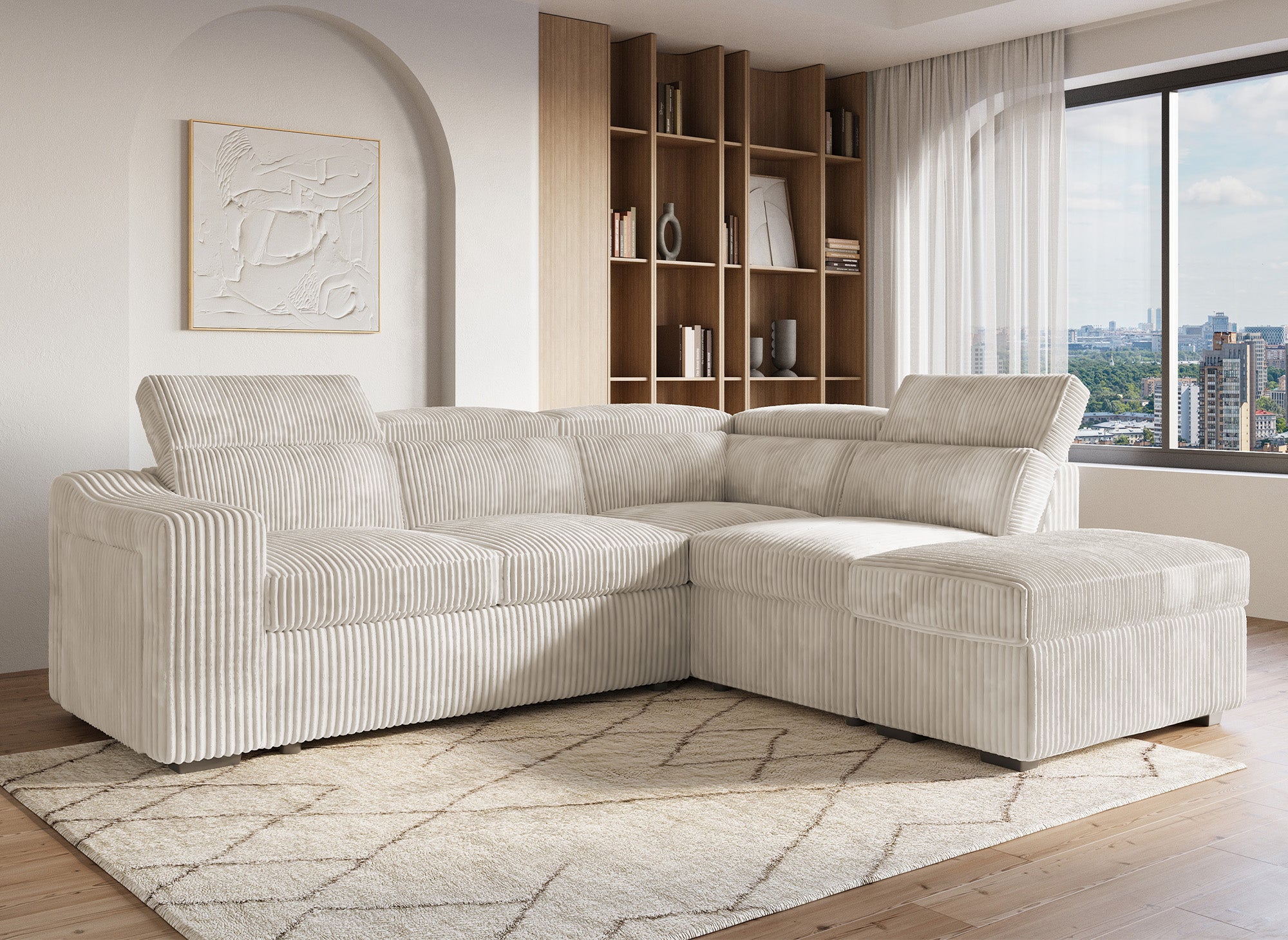 Sofá cama esquinero MARTY con almacenaje en pana beige - Esquina derecha