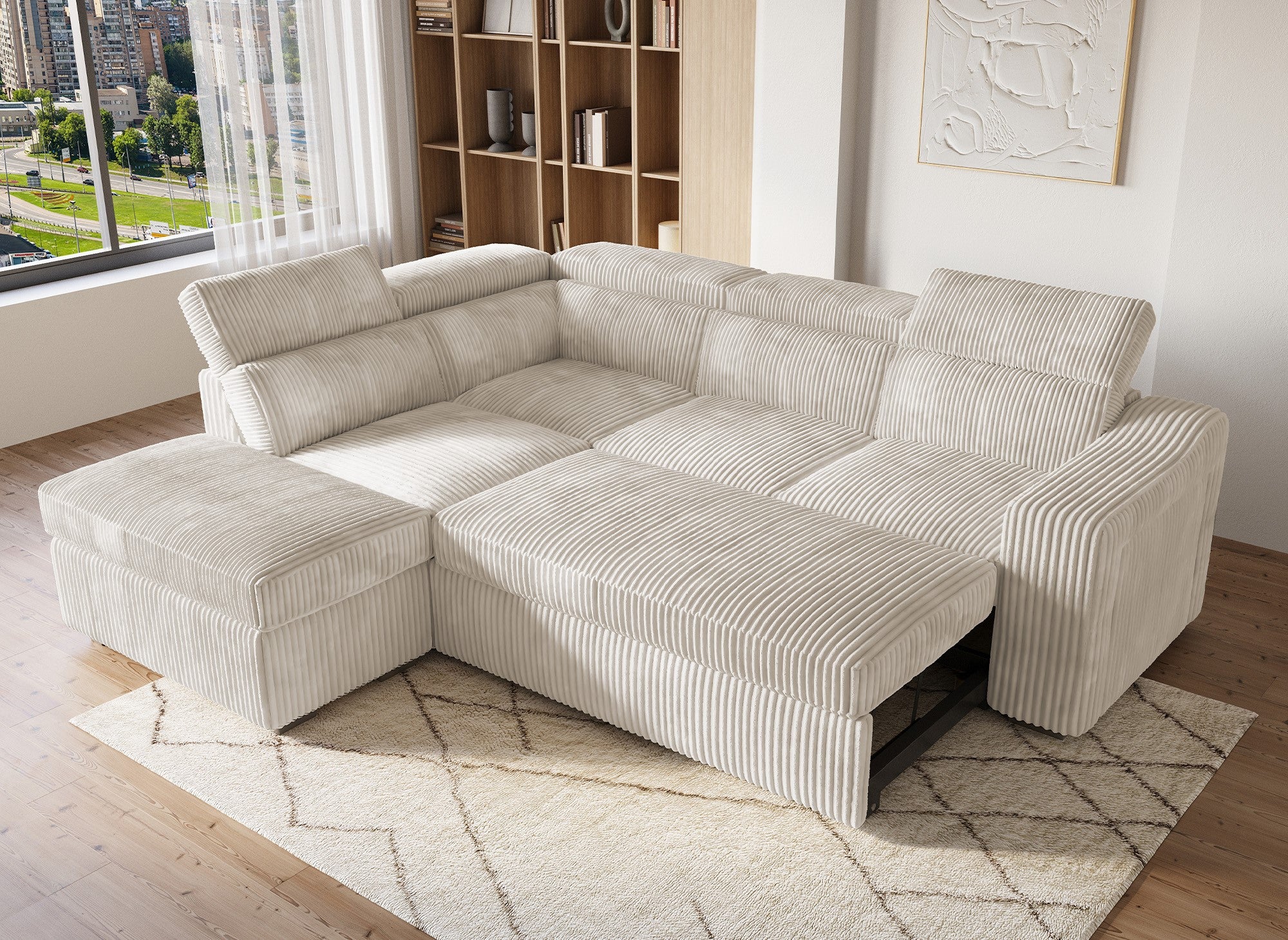 Sofá cama esquinero MARTY con almacenaje en terciopelo de pana beige - Esquina izquierda