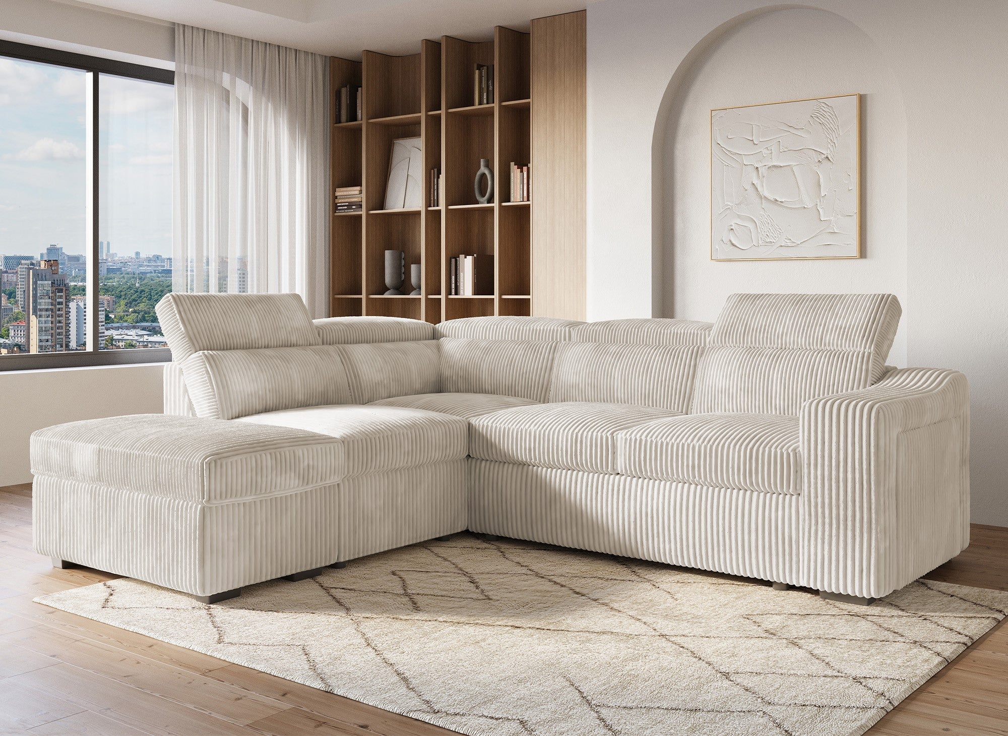 Sofá cama esquinero MARTY con almacenaje en terciopelo de pana beige - Esquina izquierda