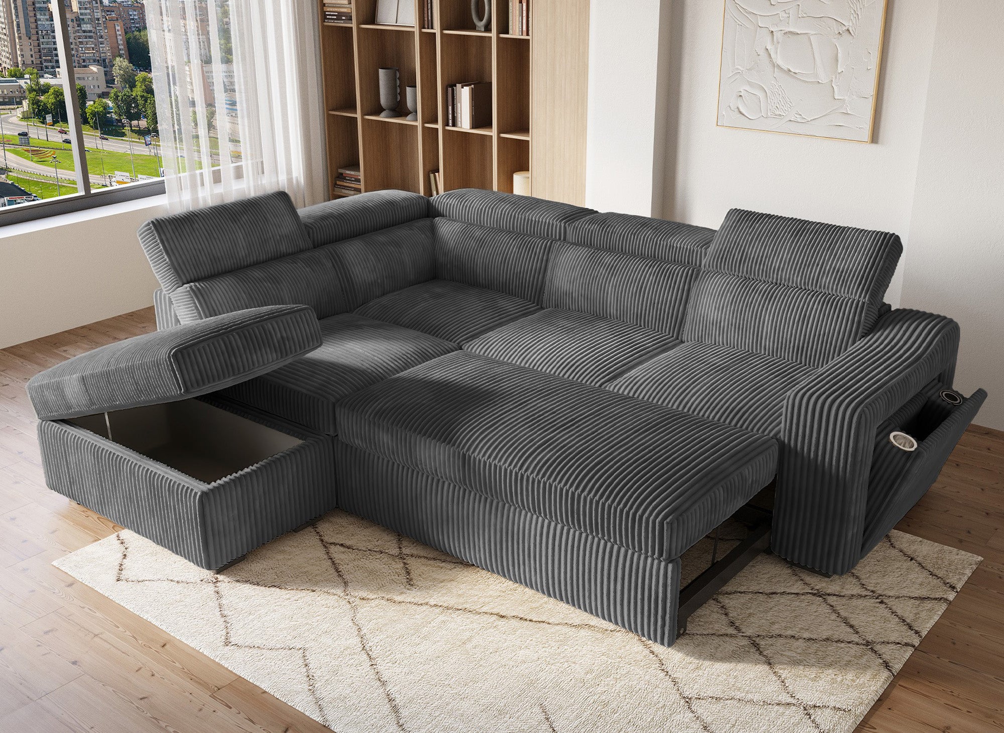 Sofá cama esquinero MARTY con almacenaje en pana gris - Esquina izquierda