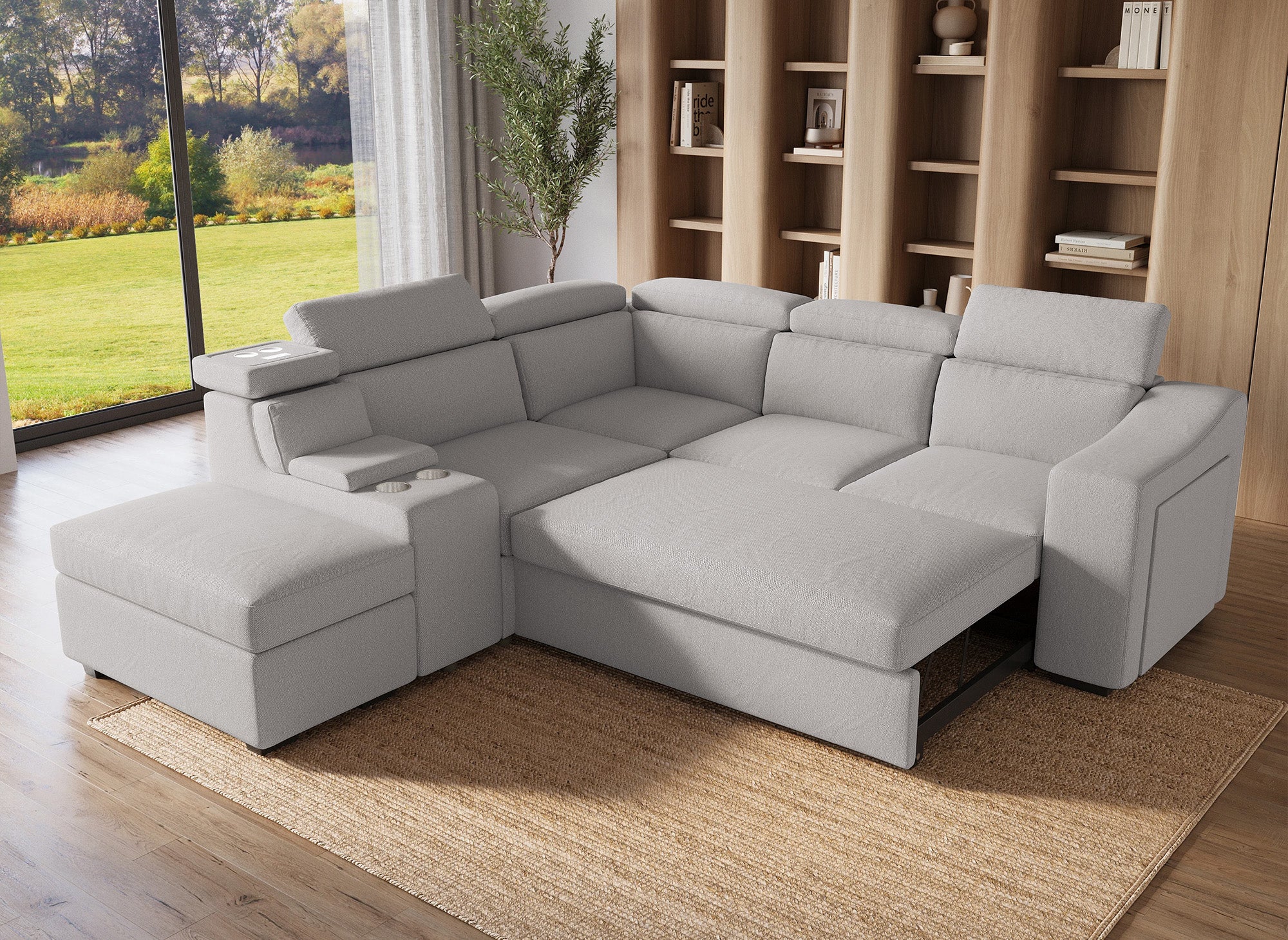 Sofá cama esquinero DEREK XL de tela beige - Esquina izquierda